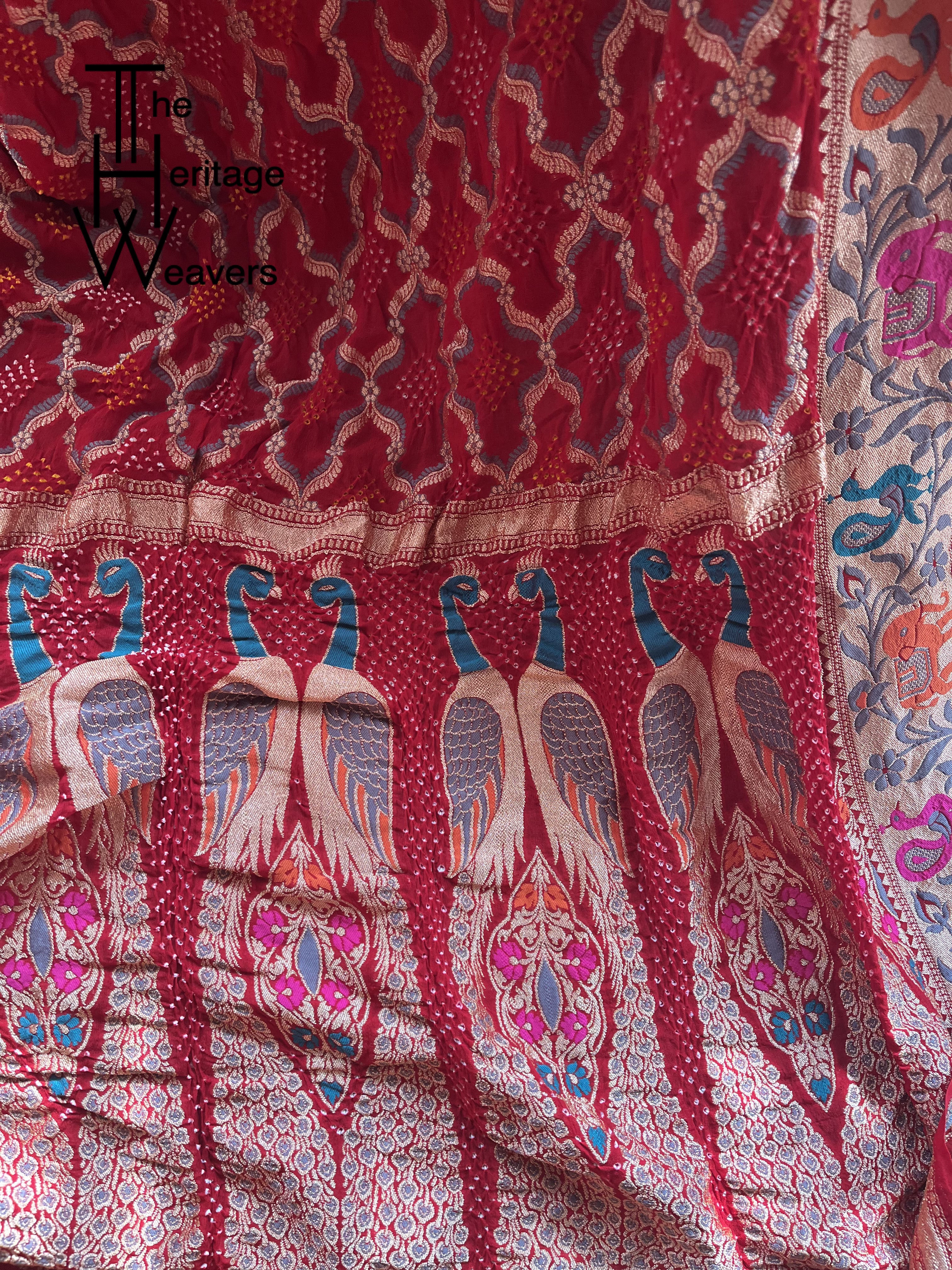 Pure Georgette Dupatta x Rai Bandhej x Animal Motifs on Pallu (Peacock) x Red