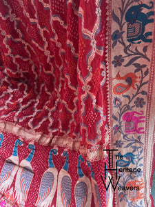 Pure Georgette Dupatta x Rai Bandhej x Animal Motifs on Pallu (Peacock) x Red