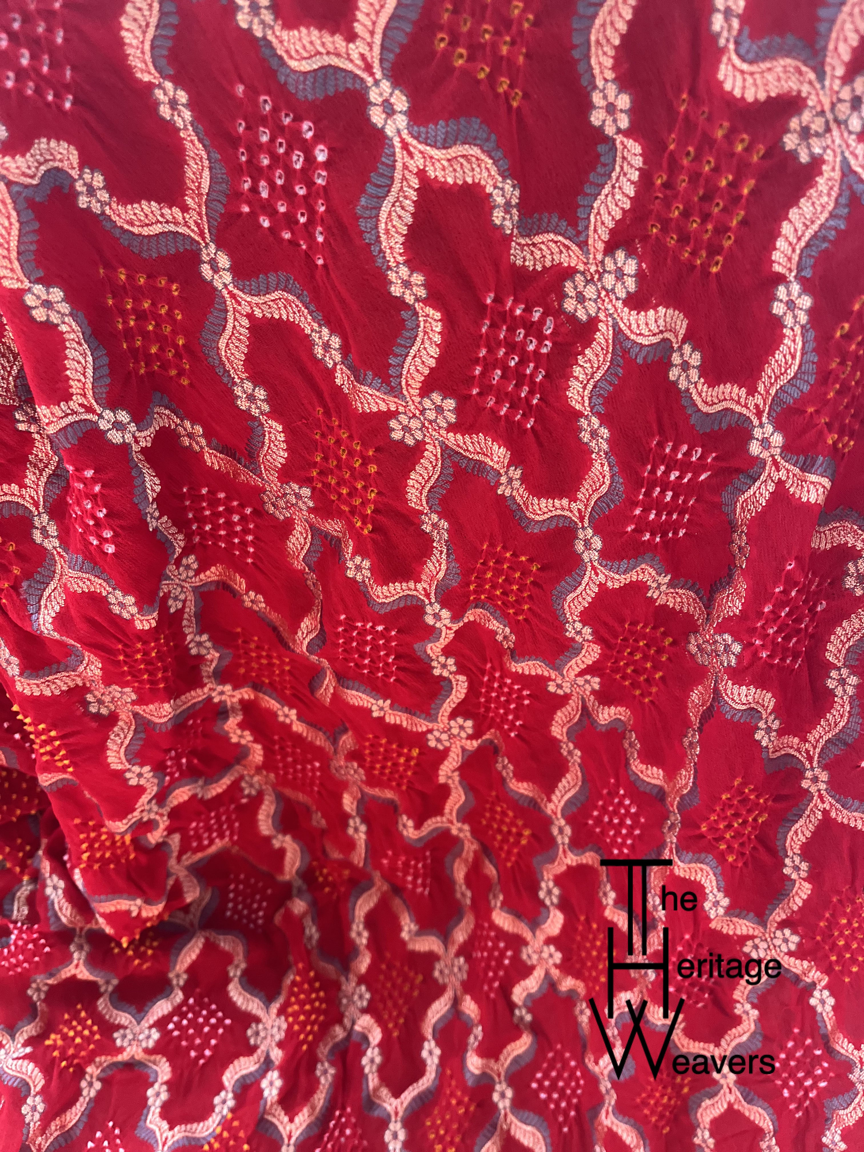 Pure Georgette Dupatta x Rai Bandhej x Animal Motifs on Pallu (Peacock) x Red