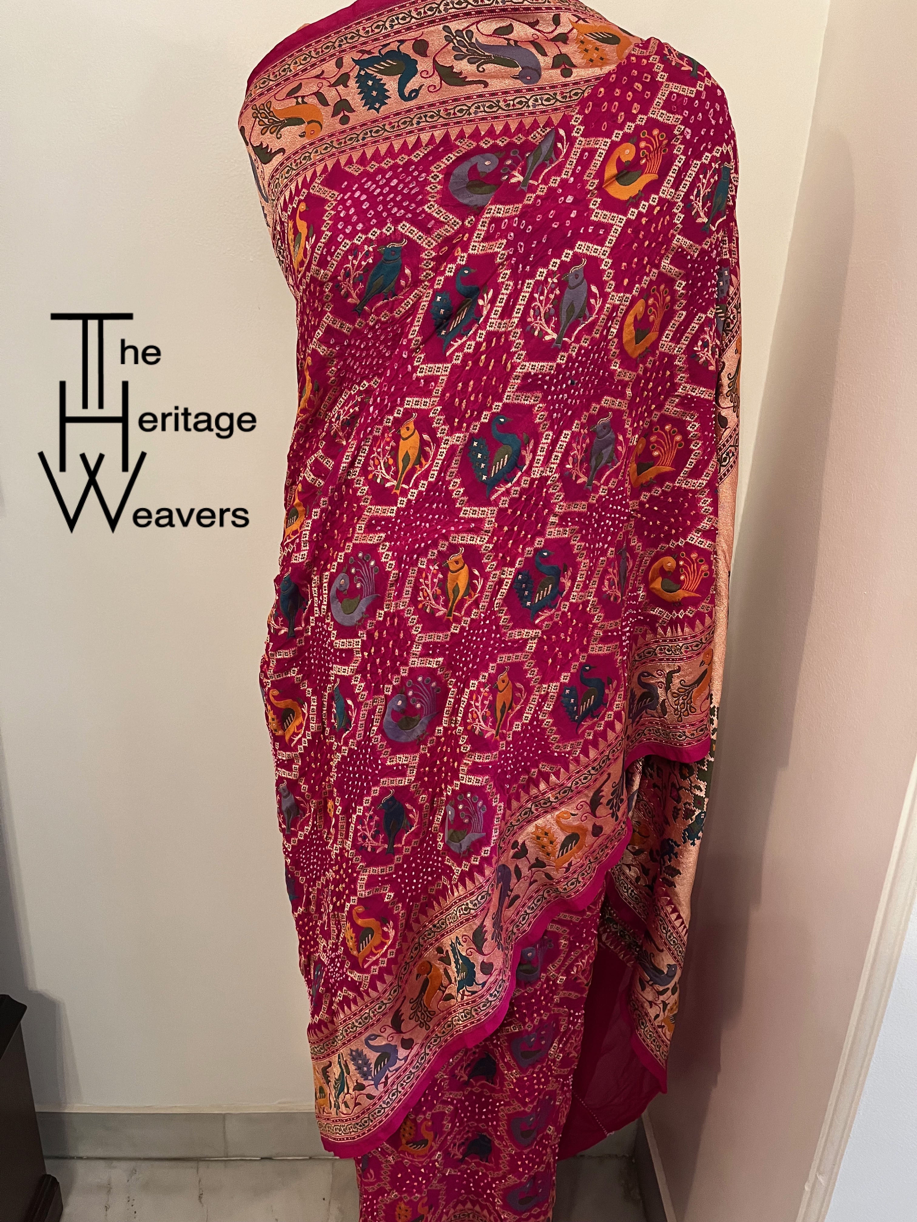 Pure Georgette Saree x Rai Bandhej x Patola x Animal Motifs x Pink