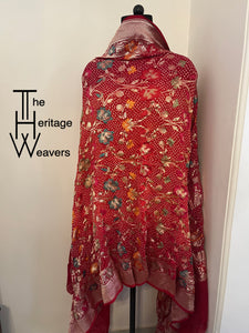 Pure Georgette Dupatta x Minakari x Bandhej x Floral x Shade of Red and Orange (Dual Tone)