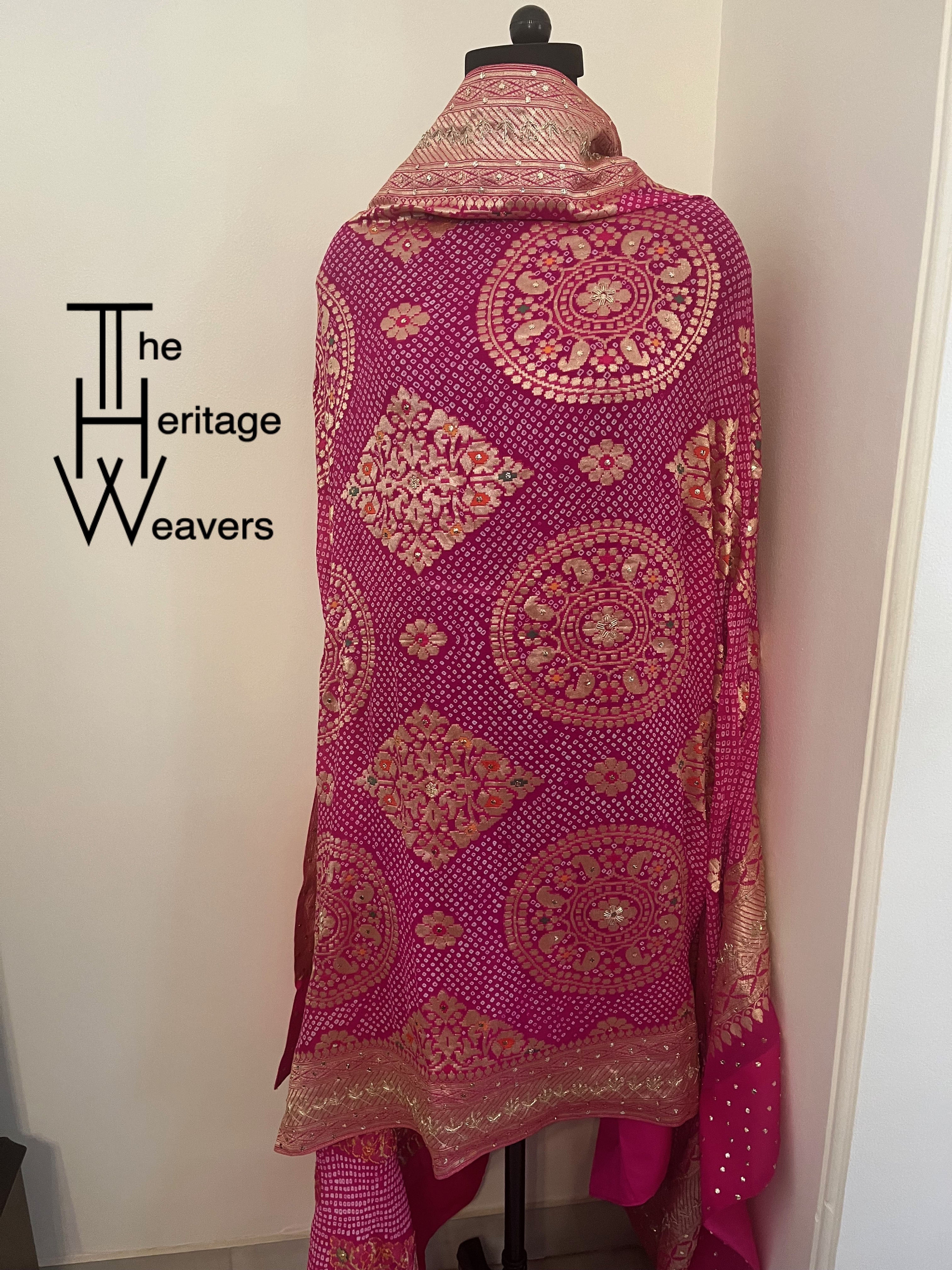 Pure Georgette Dupatta x Bandhej x Embellished with Mukaish and Zardozi x Pink