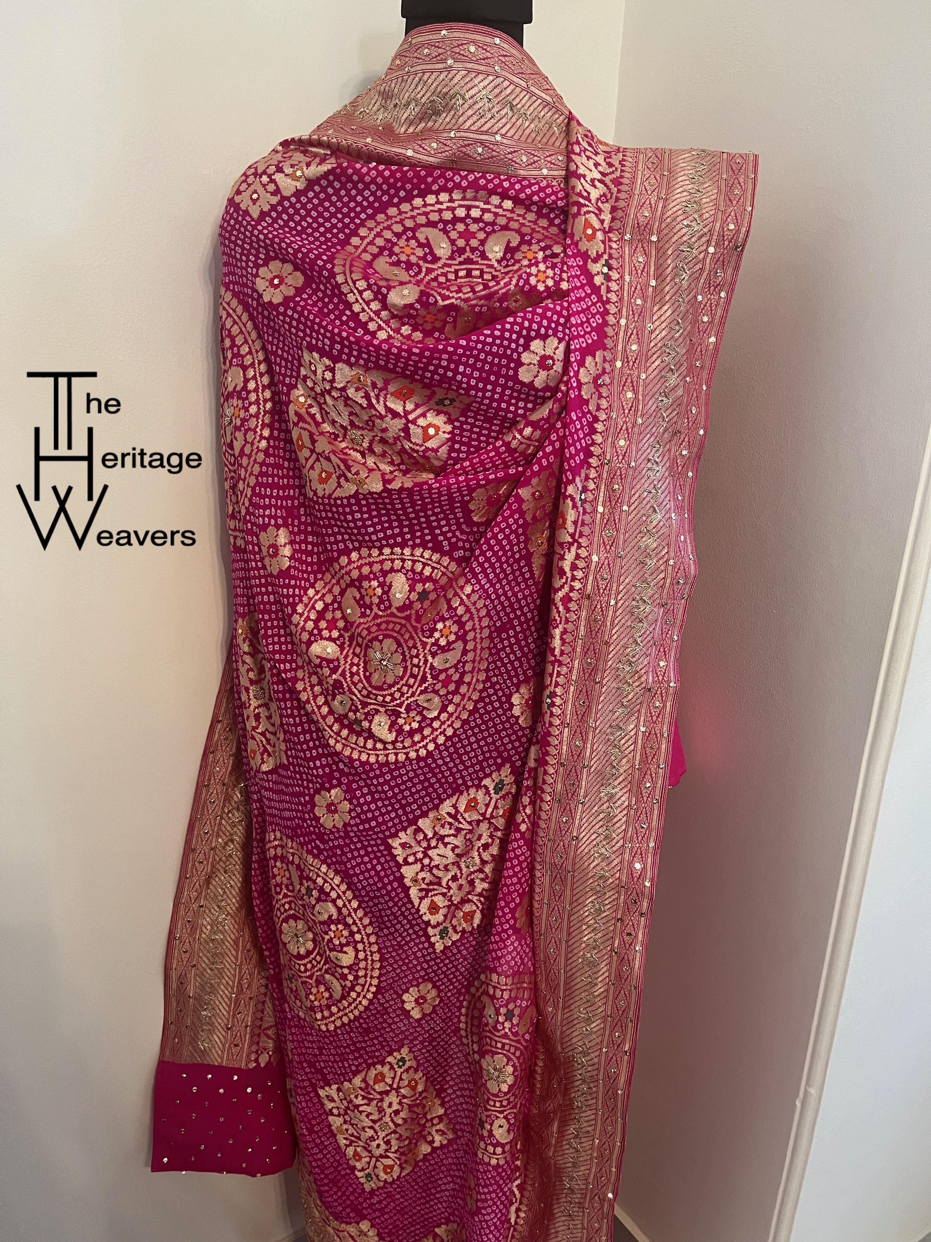 Pure Georgette Dupatta x Bandhej x Embellished with Mukaish and Zardozi x Pink