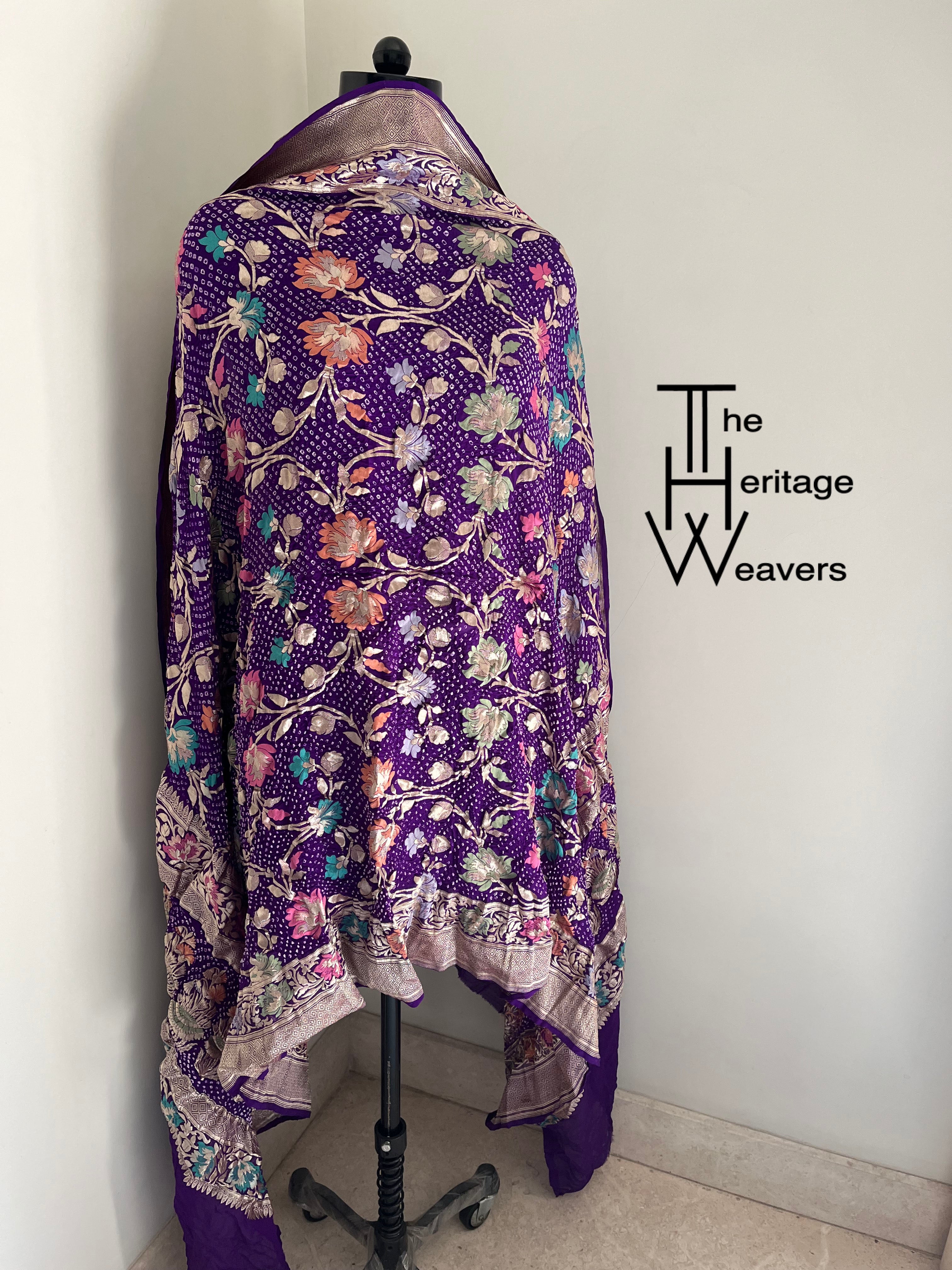 Pure Georgette Dupatta x Minakari x Bandhej x Floral x Purple