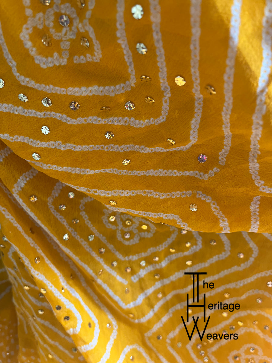Pure Georgette Saree x Rai Bandhej / Rai Bandhani x Shade of YELLOW x ...