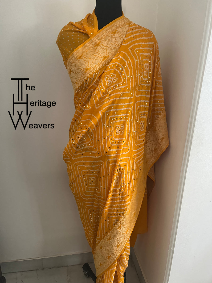 Pure Georgette Saree x Rai Bandhej / Rai Bandhani x Shade of YELLOW x ...