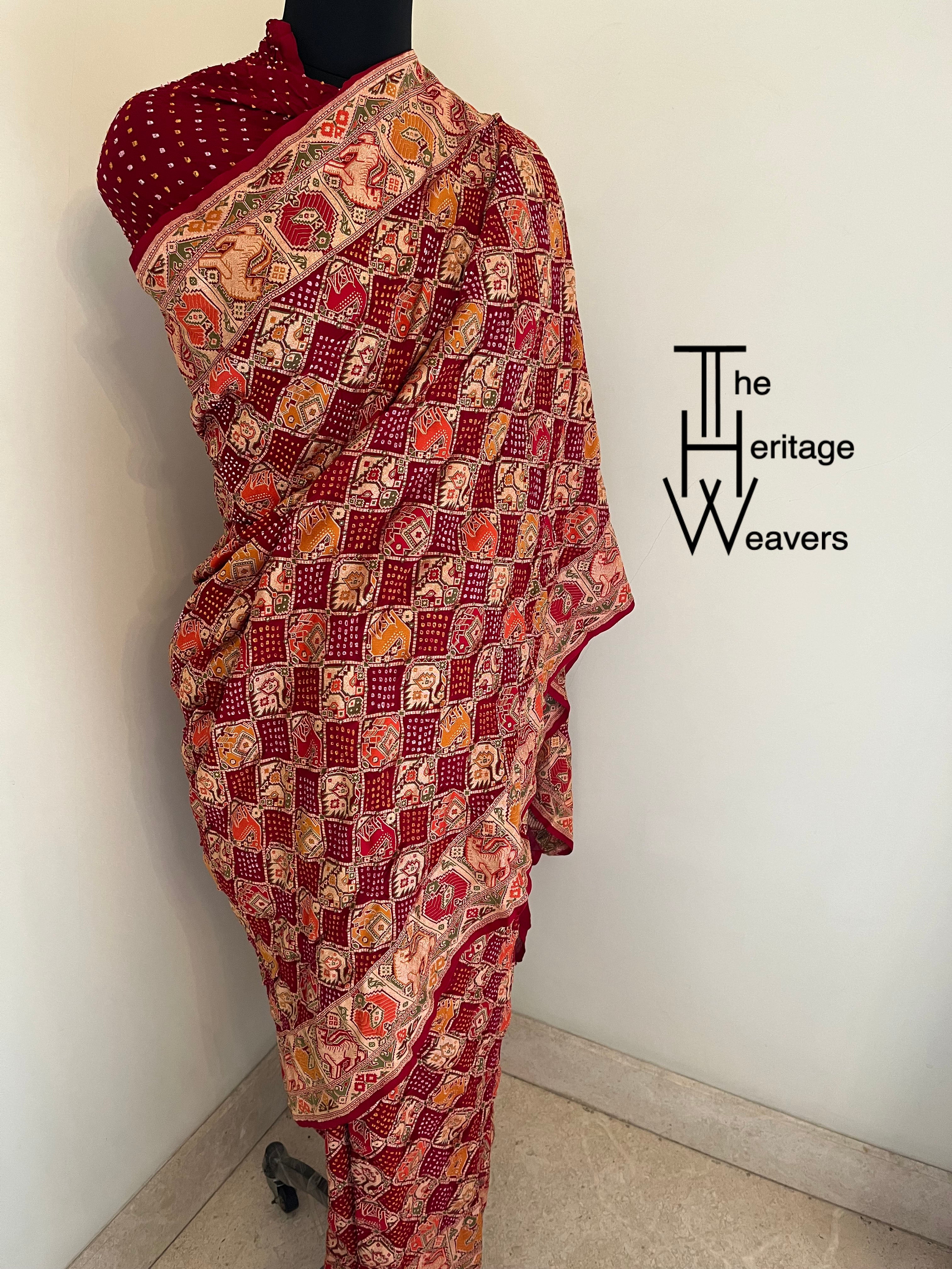 Pure Georgette Saree x Patola x Animal Motifs x Shade of RED