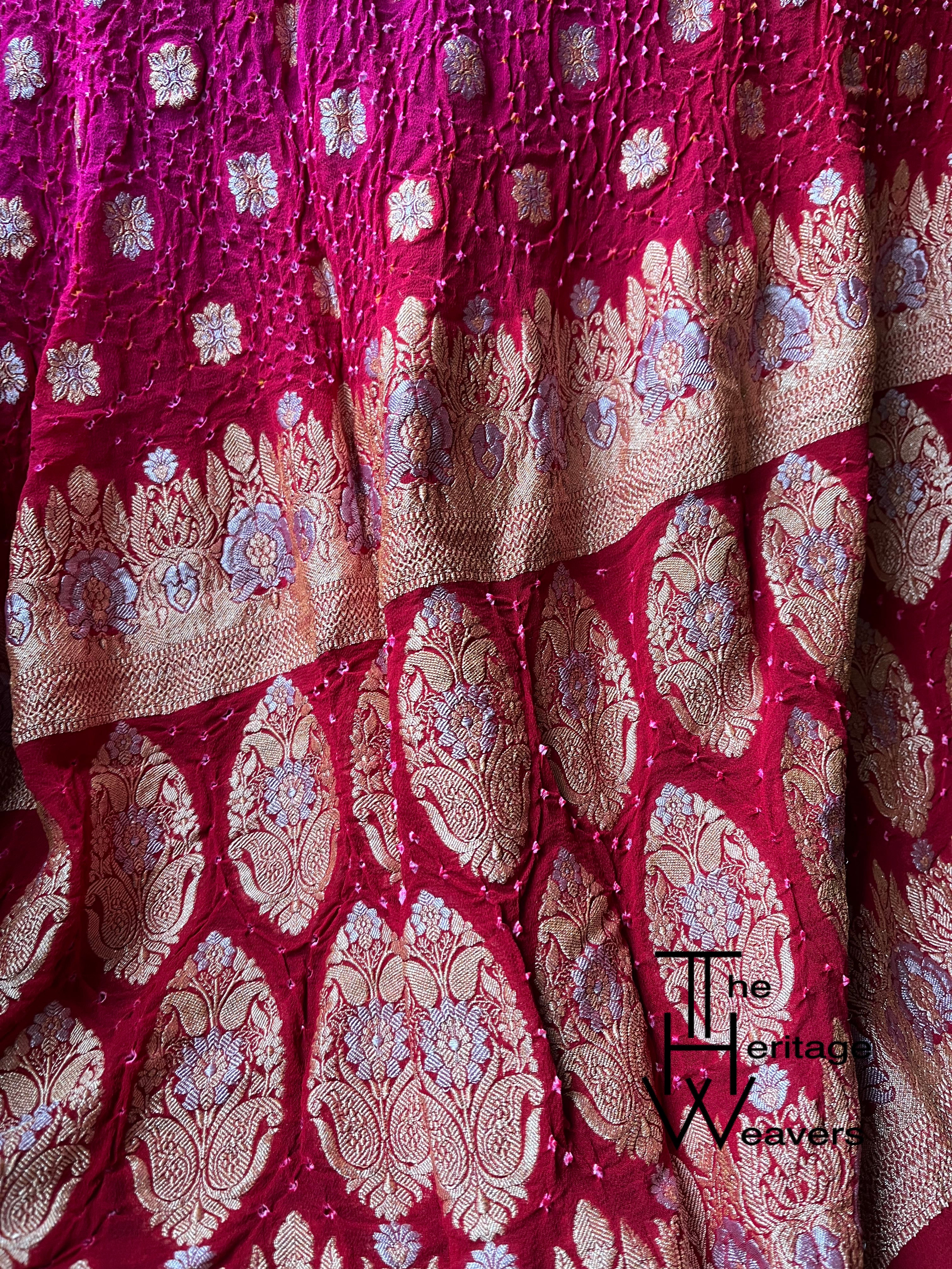 Pure Georgette Dupatta x Bandhej x Silver Gold x Shade of Red and Pink