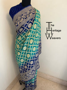 Pure Georgette Saree x Bandhej x Blue and Green