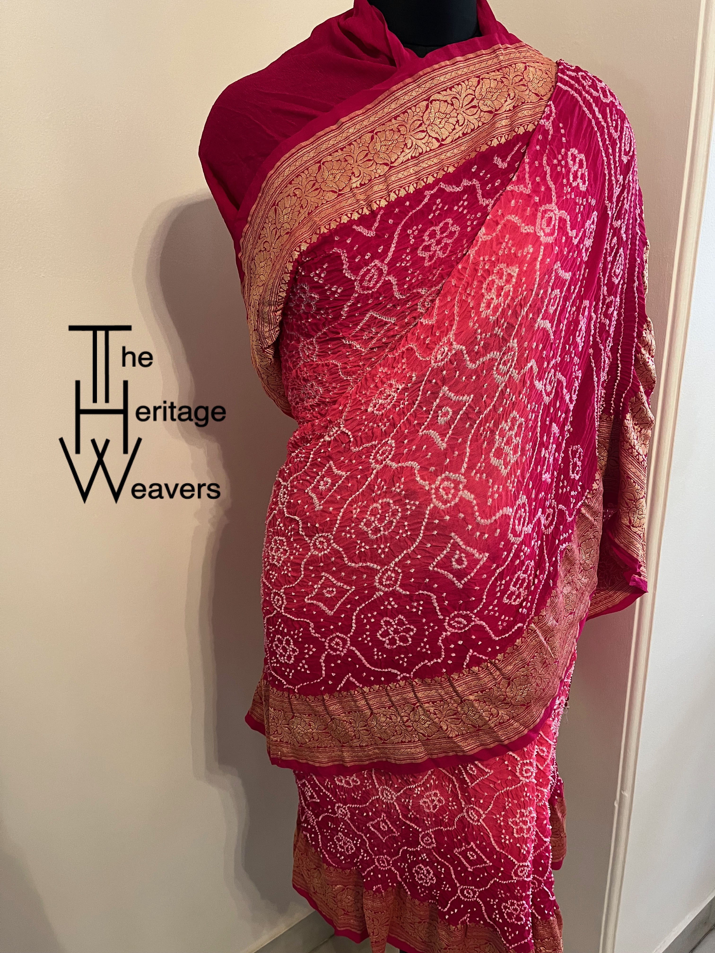 Pure Georgette Saree x Rai Bandhej x Dual Tone Shades of Strawberry and Peach