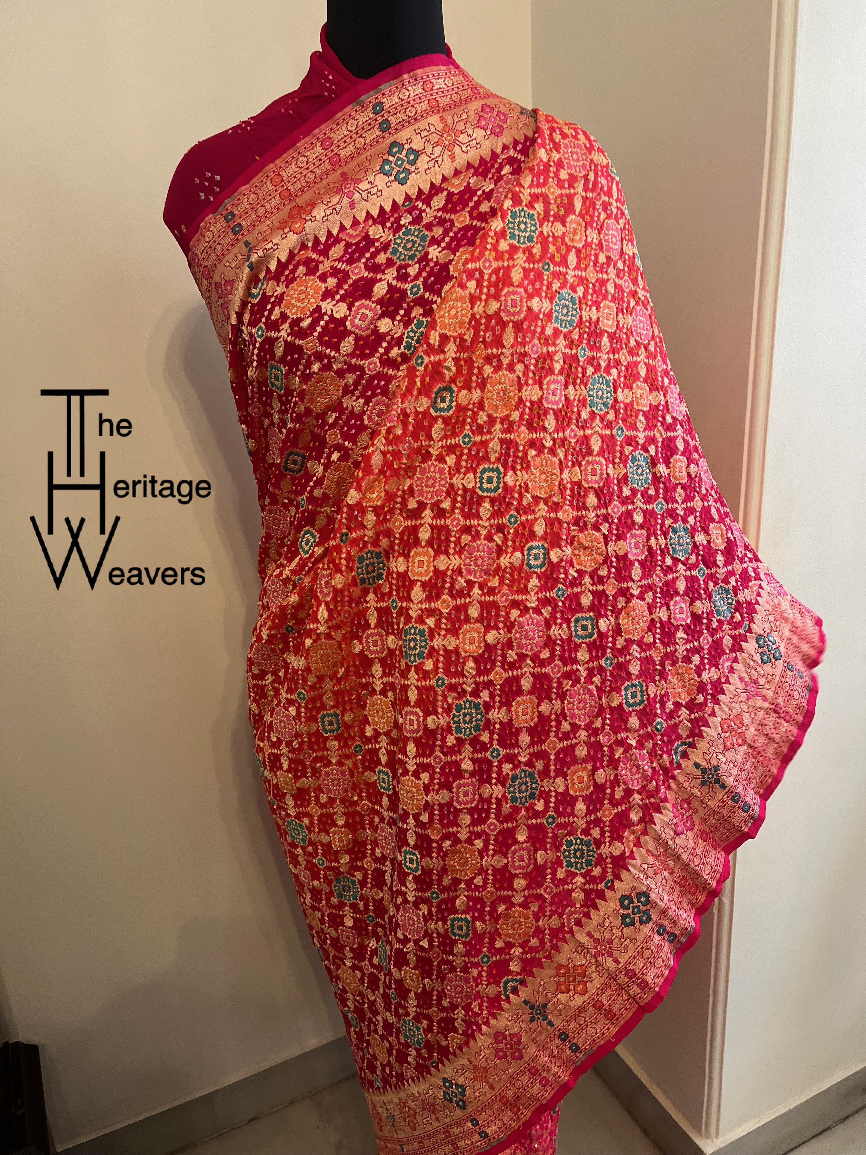 Pure Georgette Saree x Bandhej x Minakari x Dual Tone of Pink and Peach