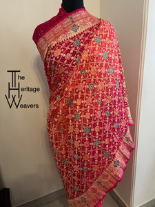 Pure Georgette Saree x Bandhej x Minakari x Dual Tone of Pink and Peach