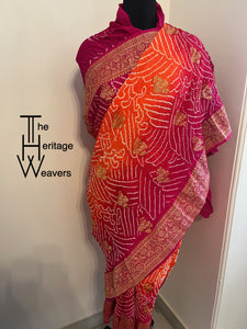 Pure Georgette Saree x Rai Bandhej x Shade of Pink and Peach