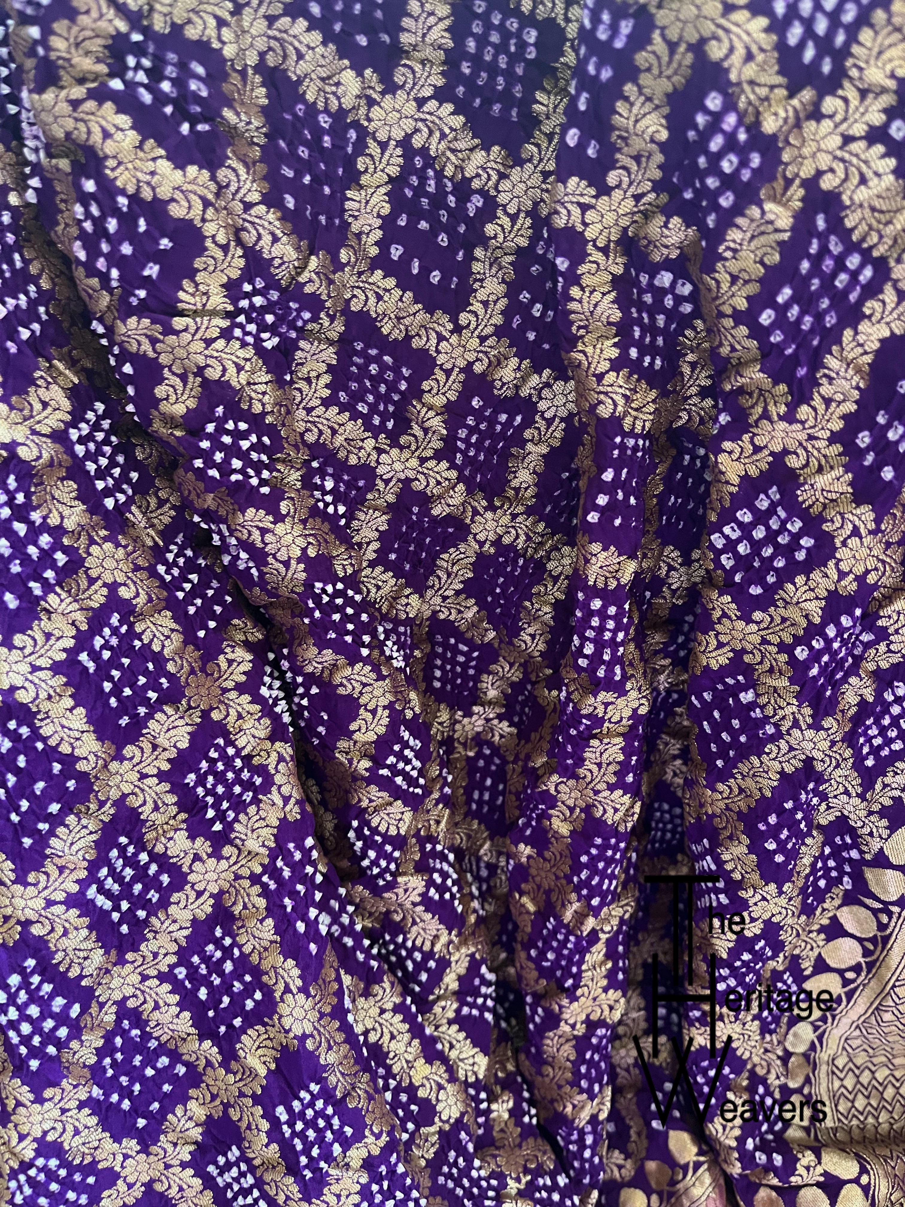 Pure Georgette Saree x Rai Bandhej x Big Border x Floral Border x Purple