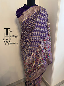 Pure Georgette Saree x Rai Bandhej x Big Border x Floral Border x Purple