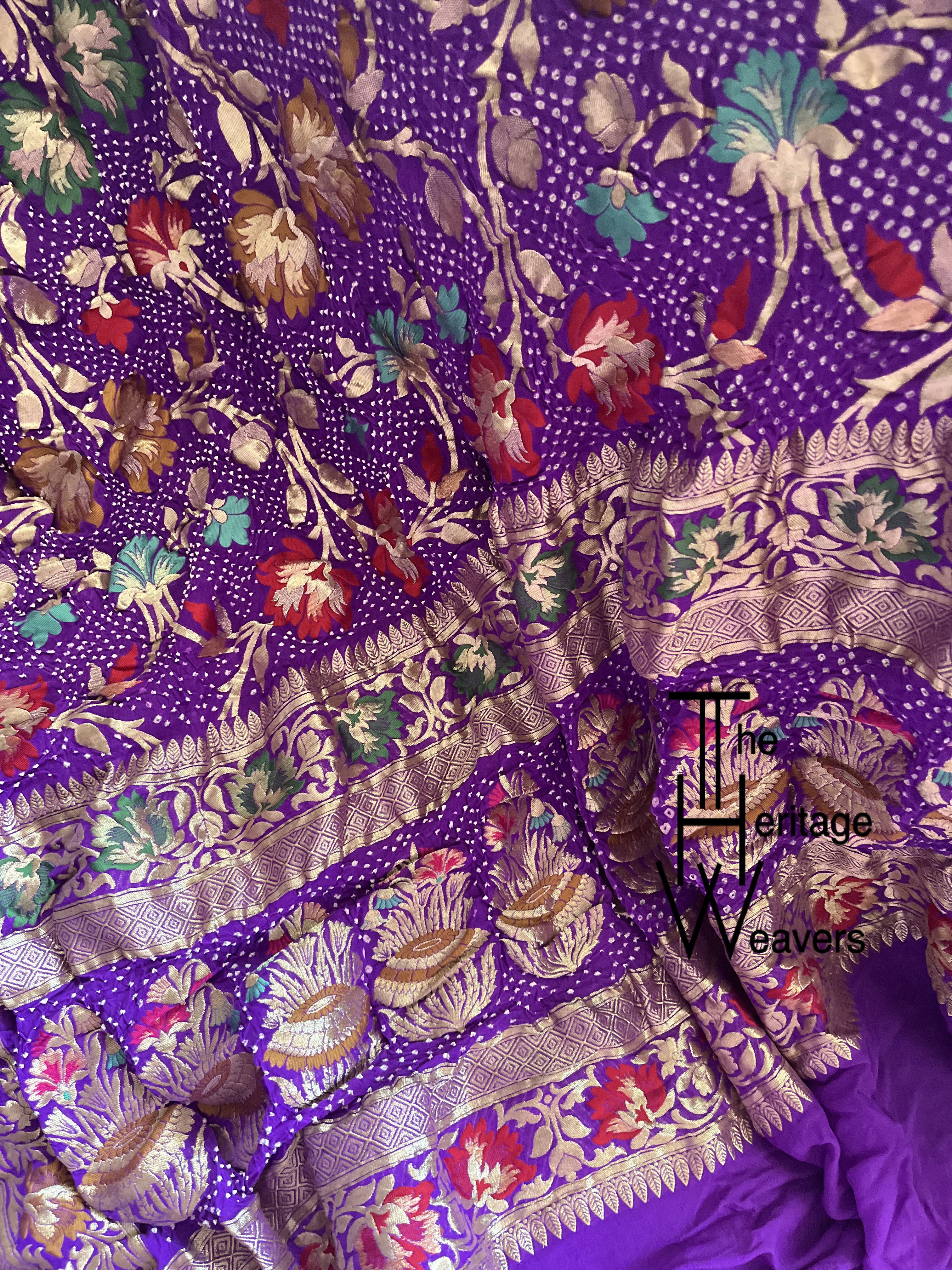 Pure Georgette Dupatta x Minakari x Bandhej x Floral x Purple