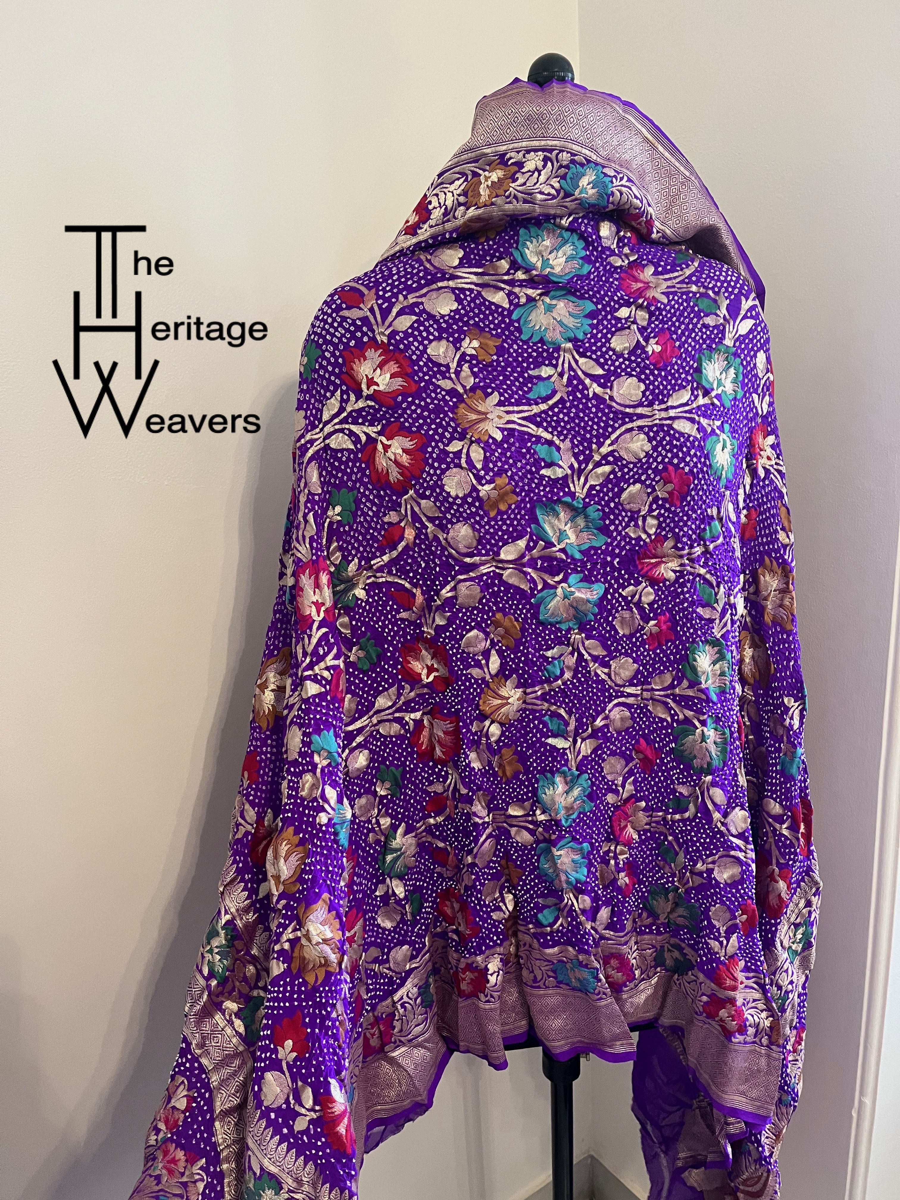 Pure Georgette Dupatta x Minakari x Bandhej x Floral x Purple