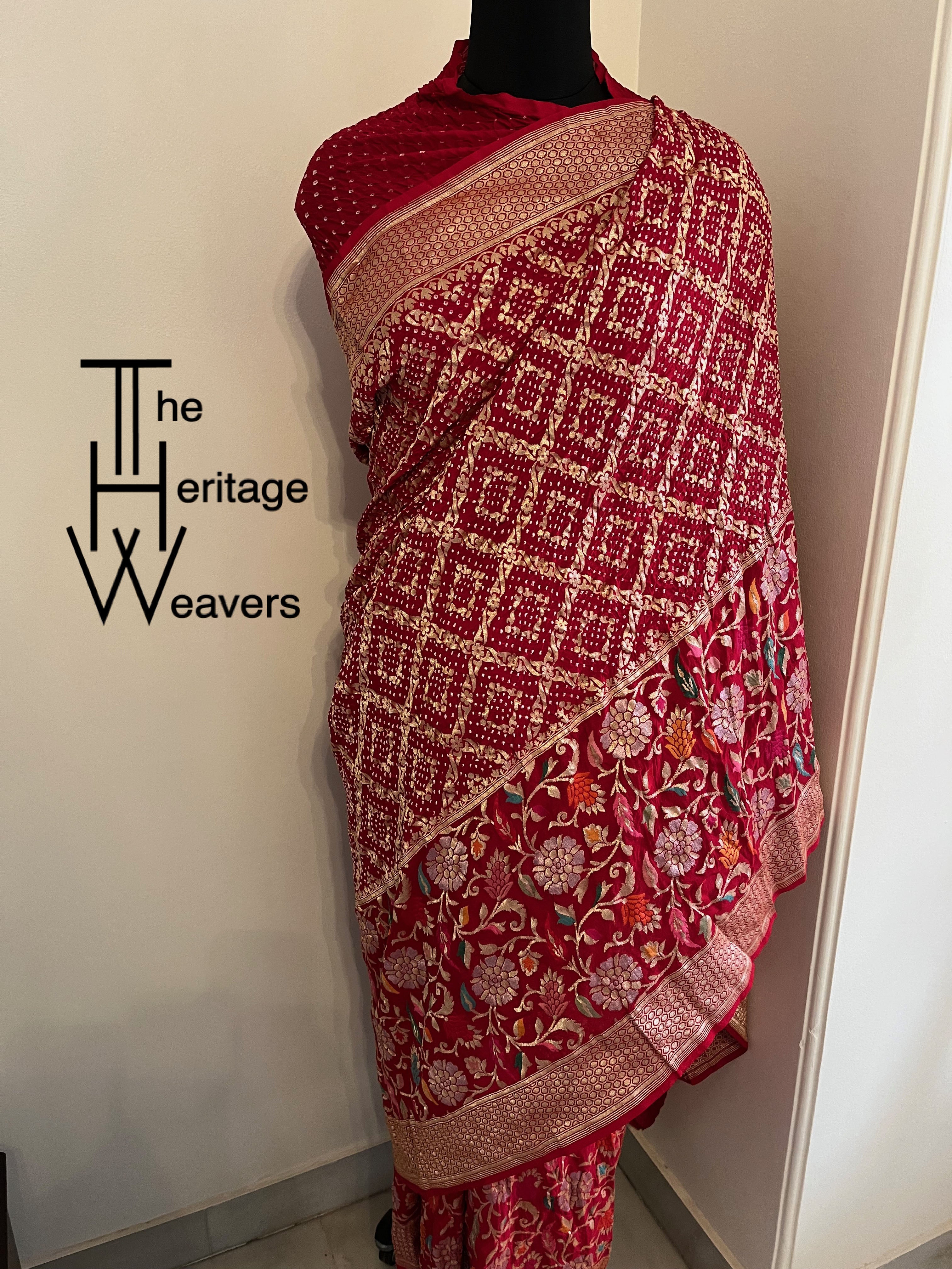 Pure Georgette Saree x Rai Bandhej x Big Border x Floral Border x Shade of Red