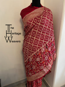 Pure Georgette Saree x Rai Bandhej x Big Border x Floral Border x Shade of Red