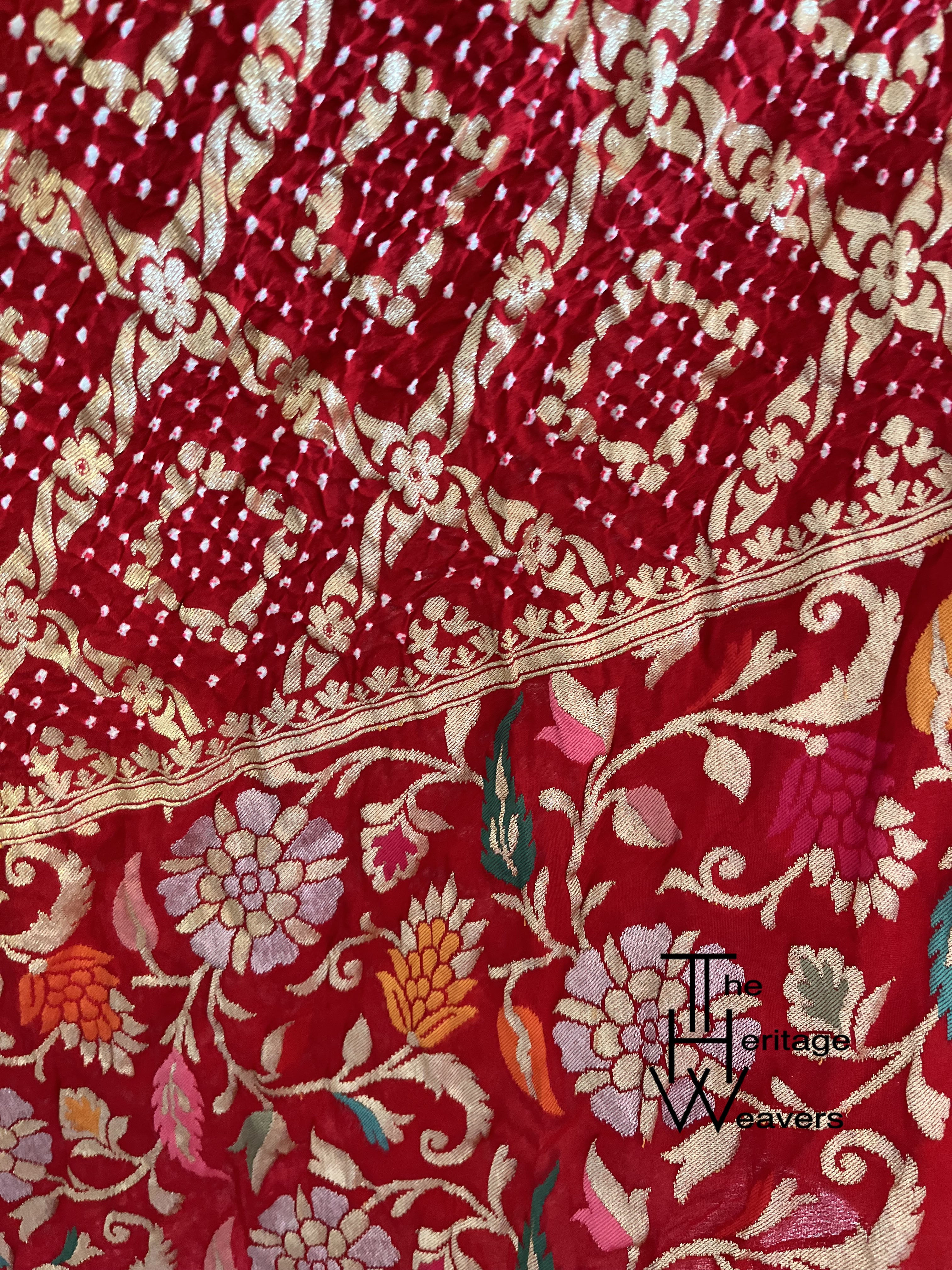 Pure Georgette Saree x Rai Bandhej x Big Border x Floral Border x Shade of Red