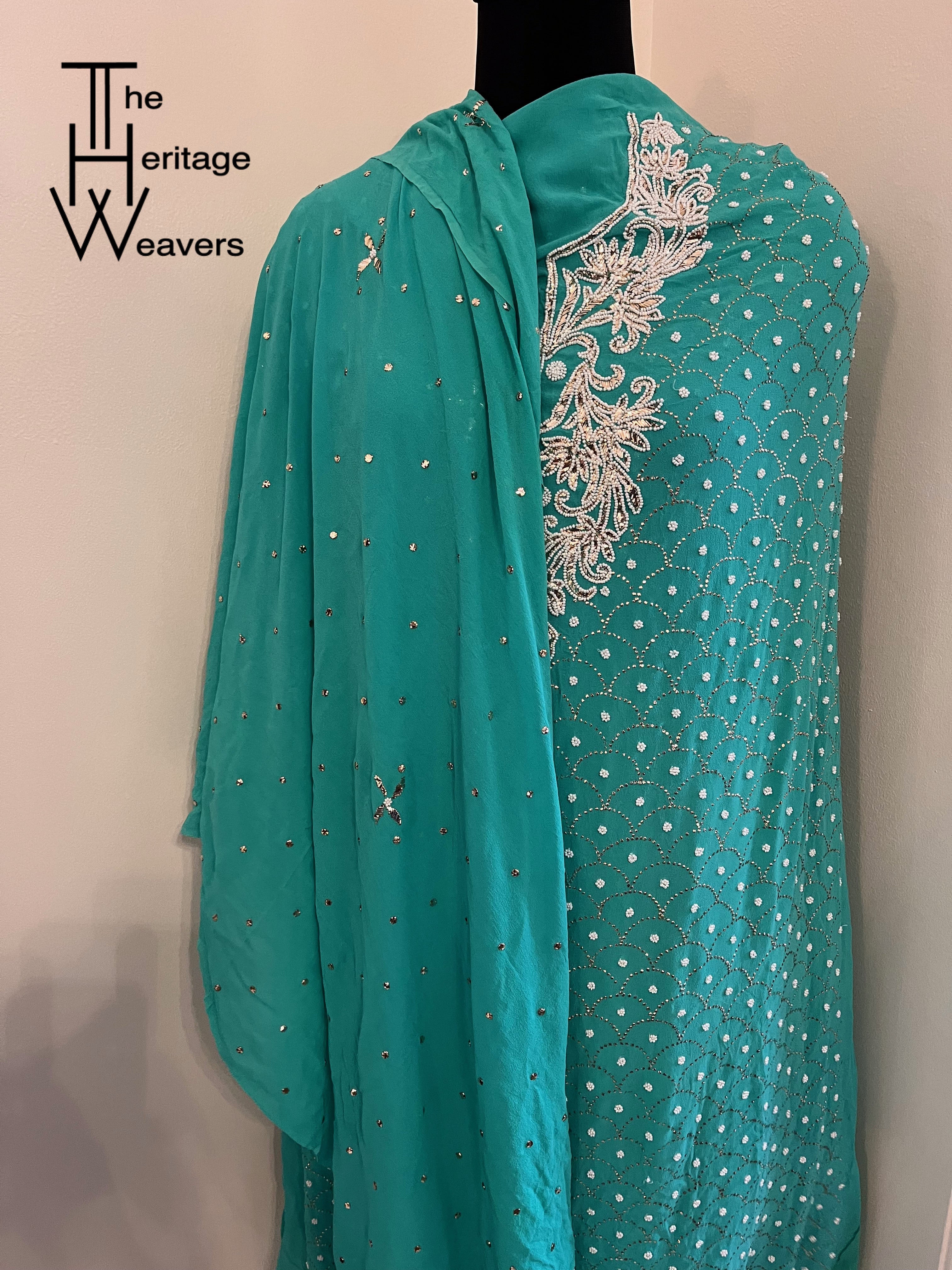 Suit in PURE GEORGETTE x Mukaish and Pearl Work x Shade of Green