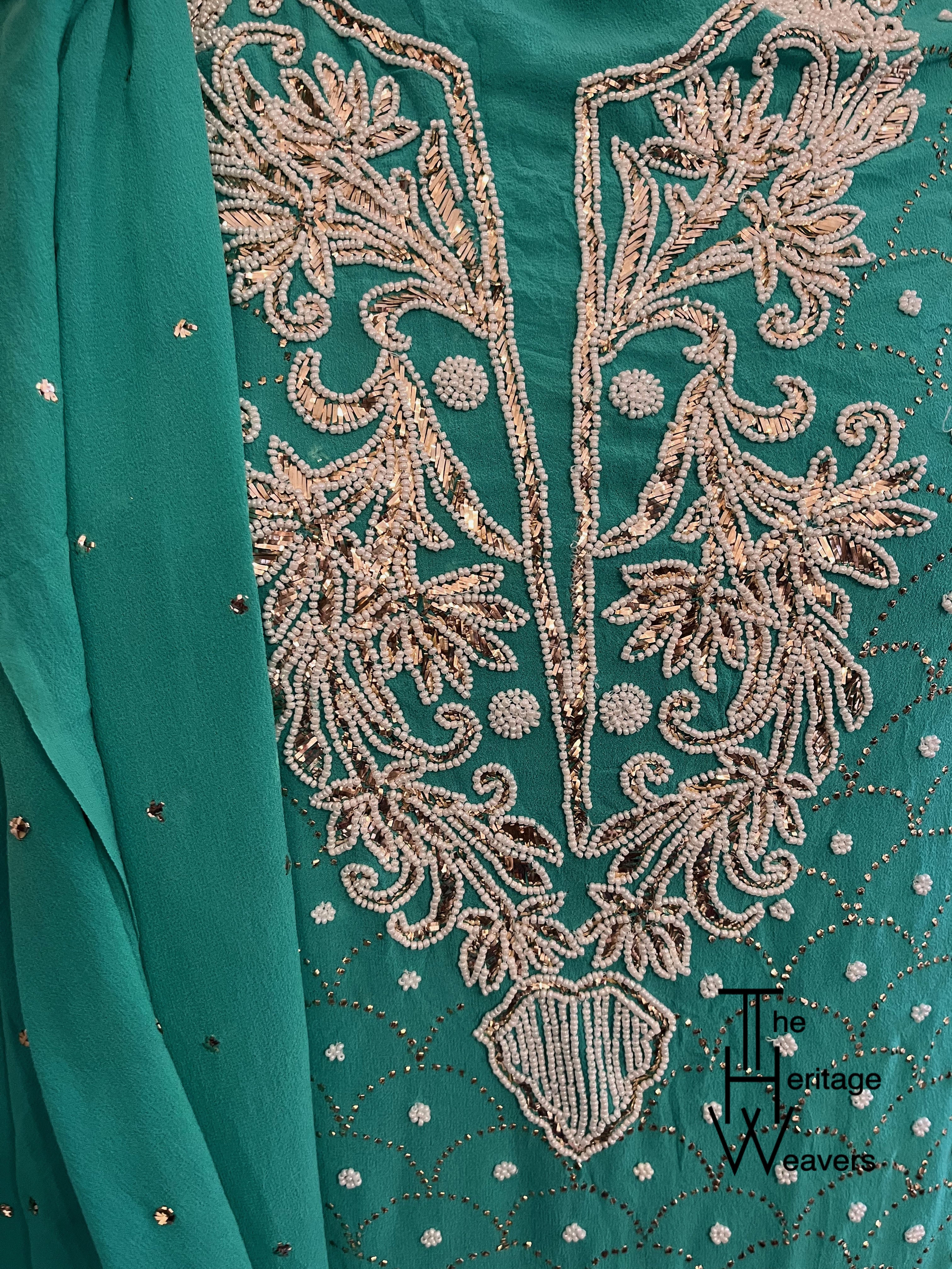 Suit in PURE GEORGETTE x Mukaish and Pearl Work x Shade of Green