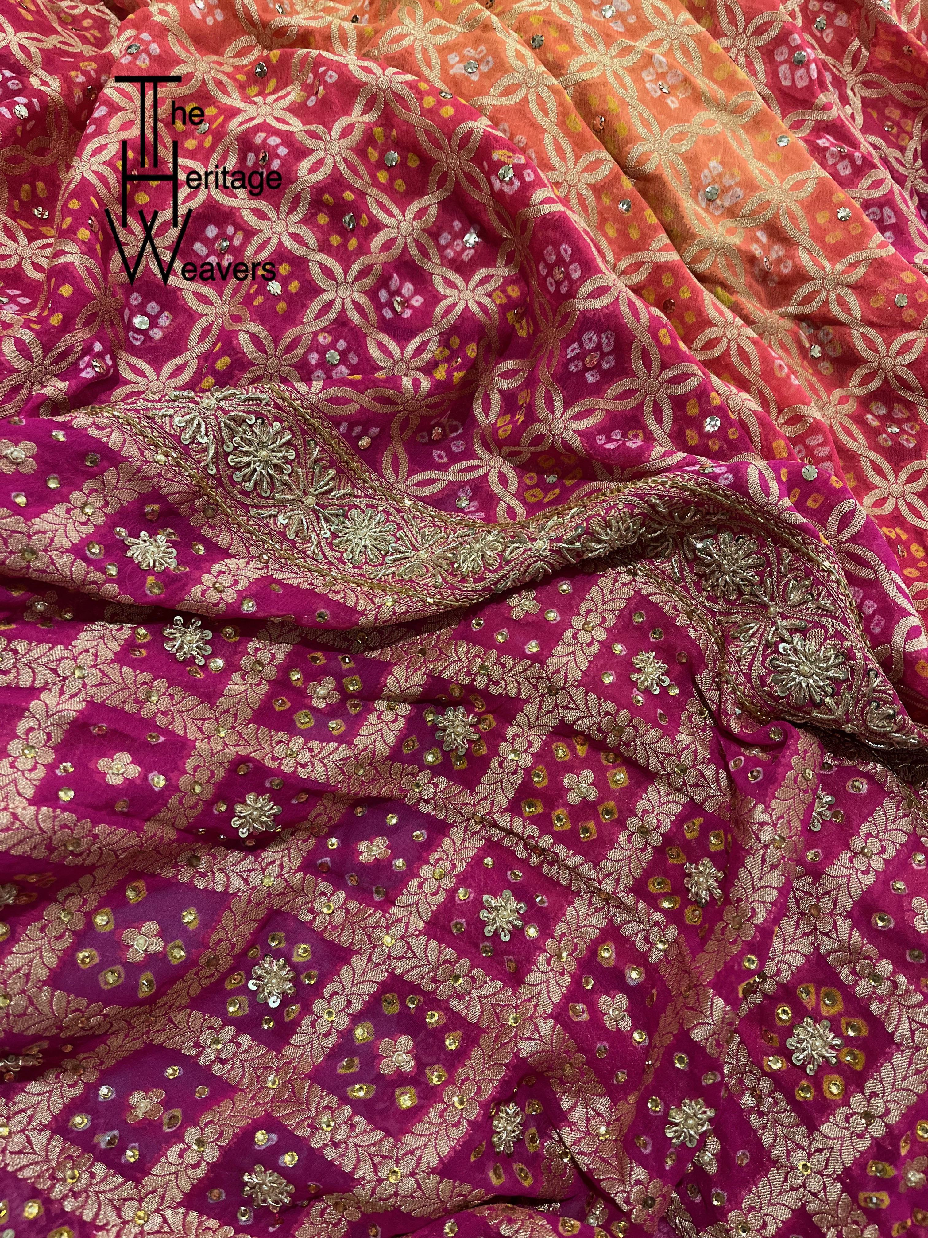 Pure Georgette Saree x Bandhej x Dual Tone: Pink and Mango x Embellished