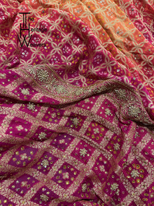 Pure Georgette Saree x Bandhej x Dual Tone: Pink and Mango x Embellished