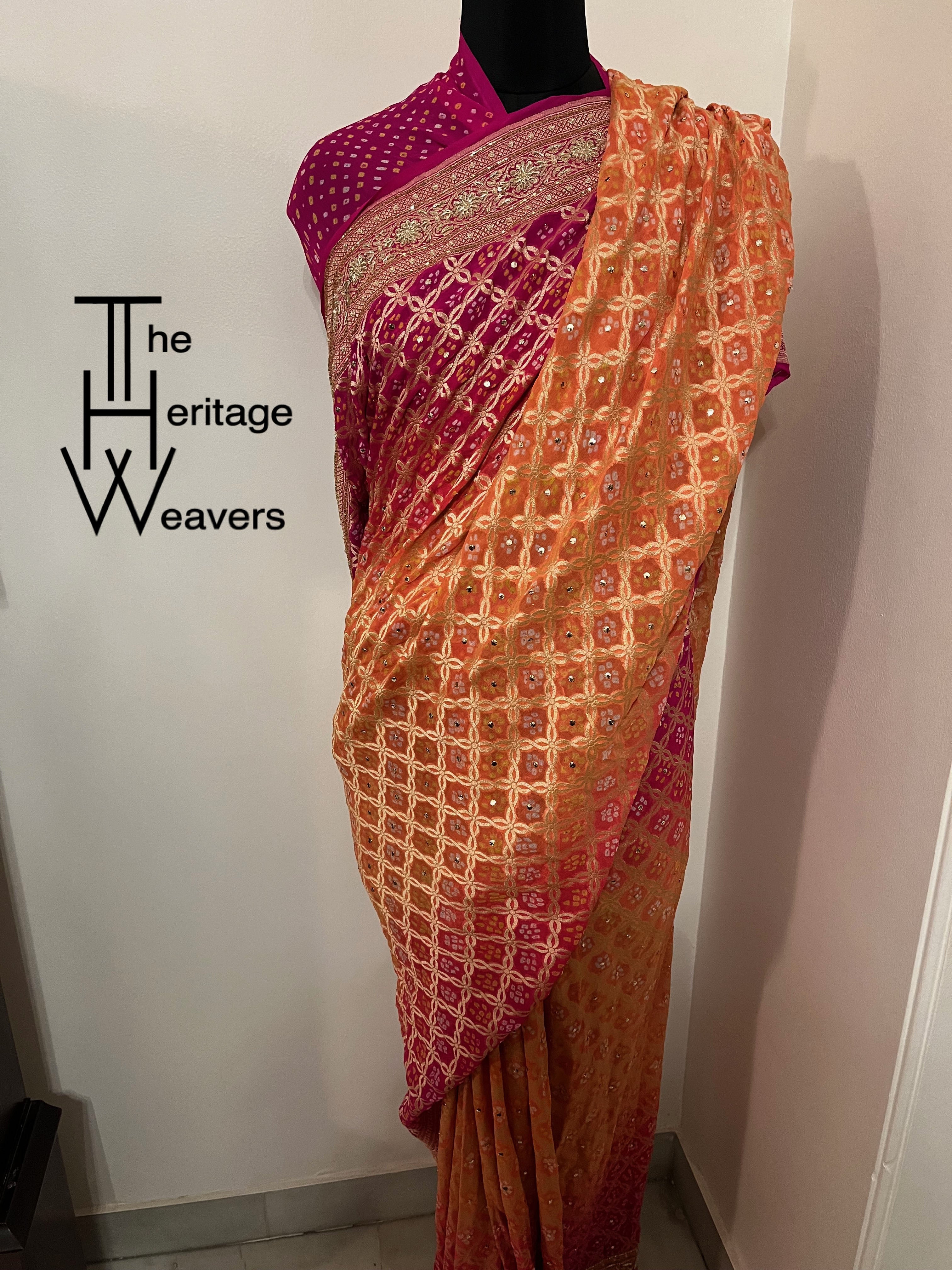 Pure Georgette Saree x Bandhej x Dual Tone: Pink and Mango x Embellished