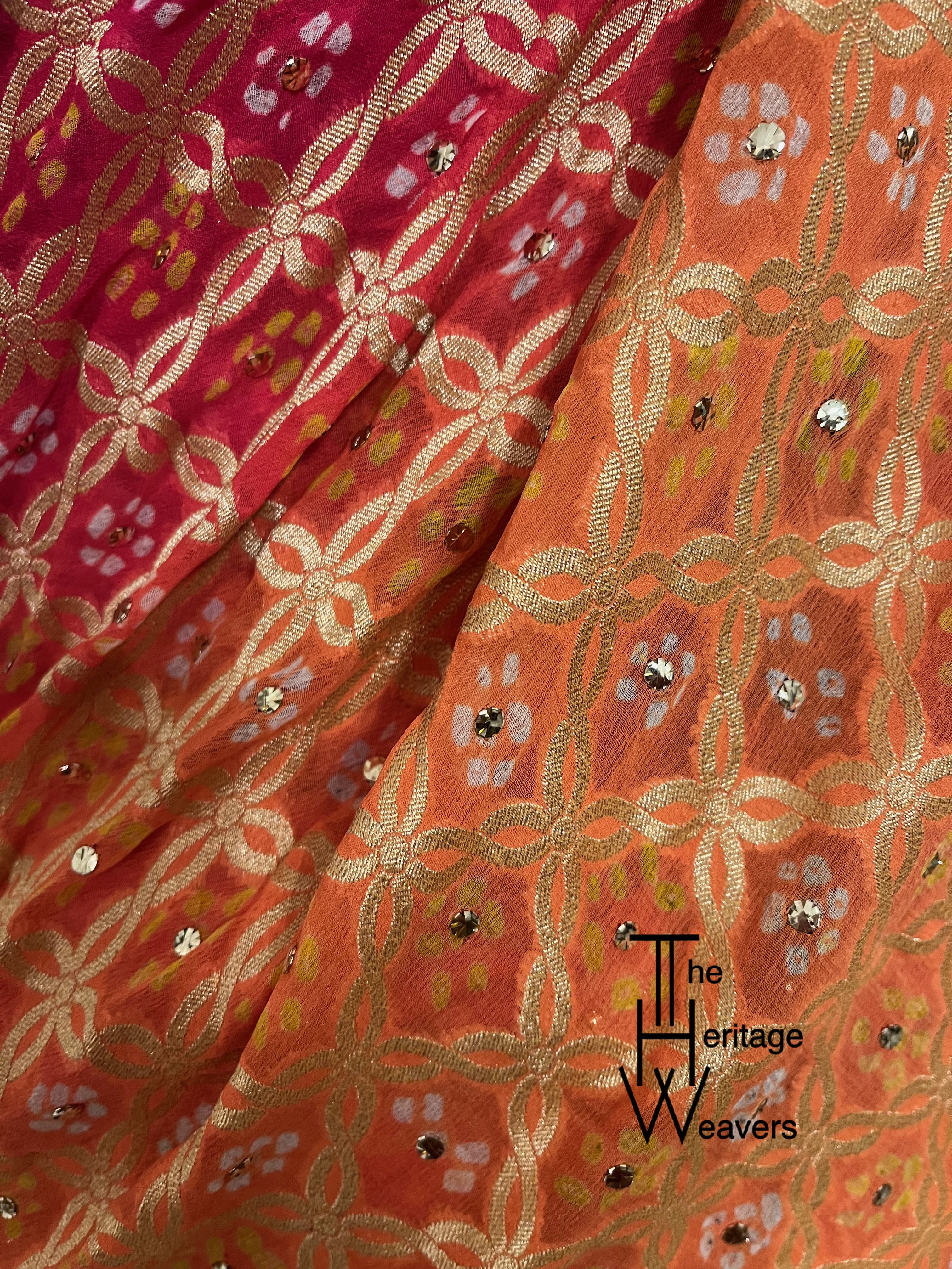 Pure Georgette Saree x Bandhej x Dual Tone: Pink and Mango x Embellished