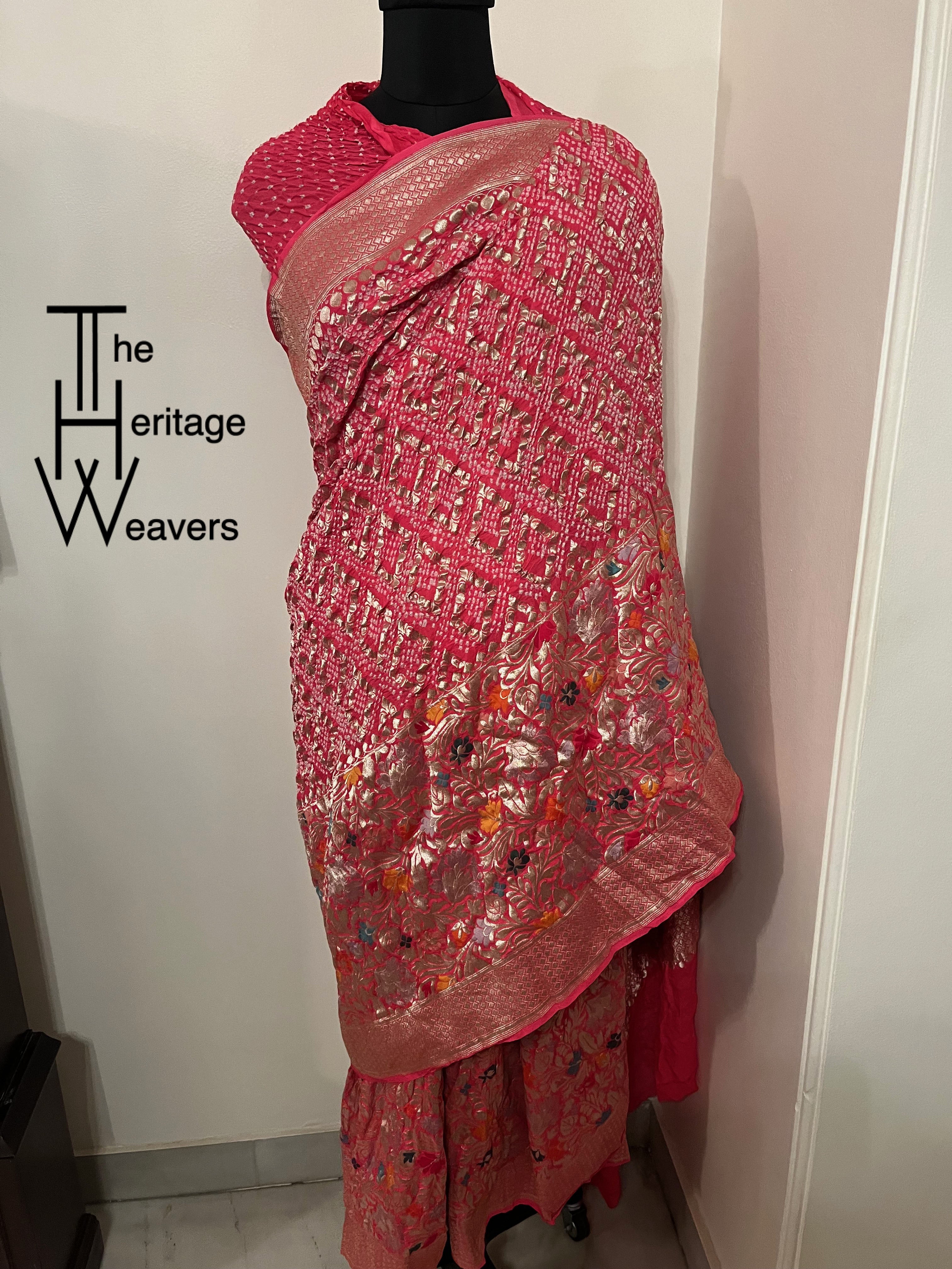 Pure Georgette Saree x Rai Bandhej x Big Border x Floral Border x Shade of Peachish Pink