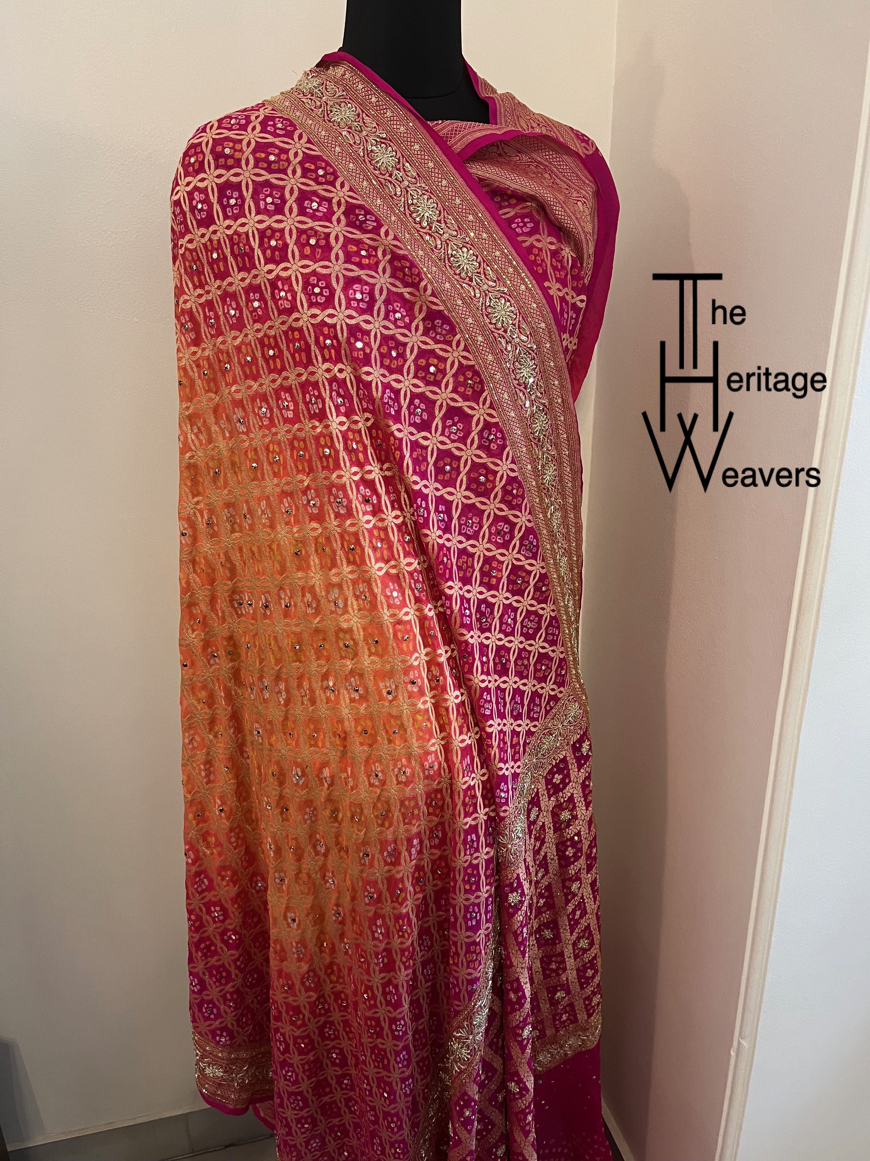 Pure Georgette Saree x Bandhej x Dual Tone: Pink and Mango x Embellished