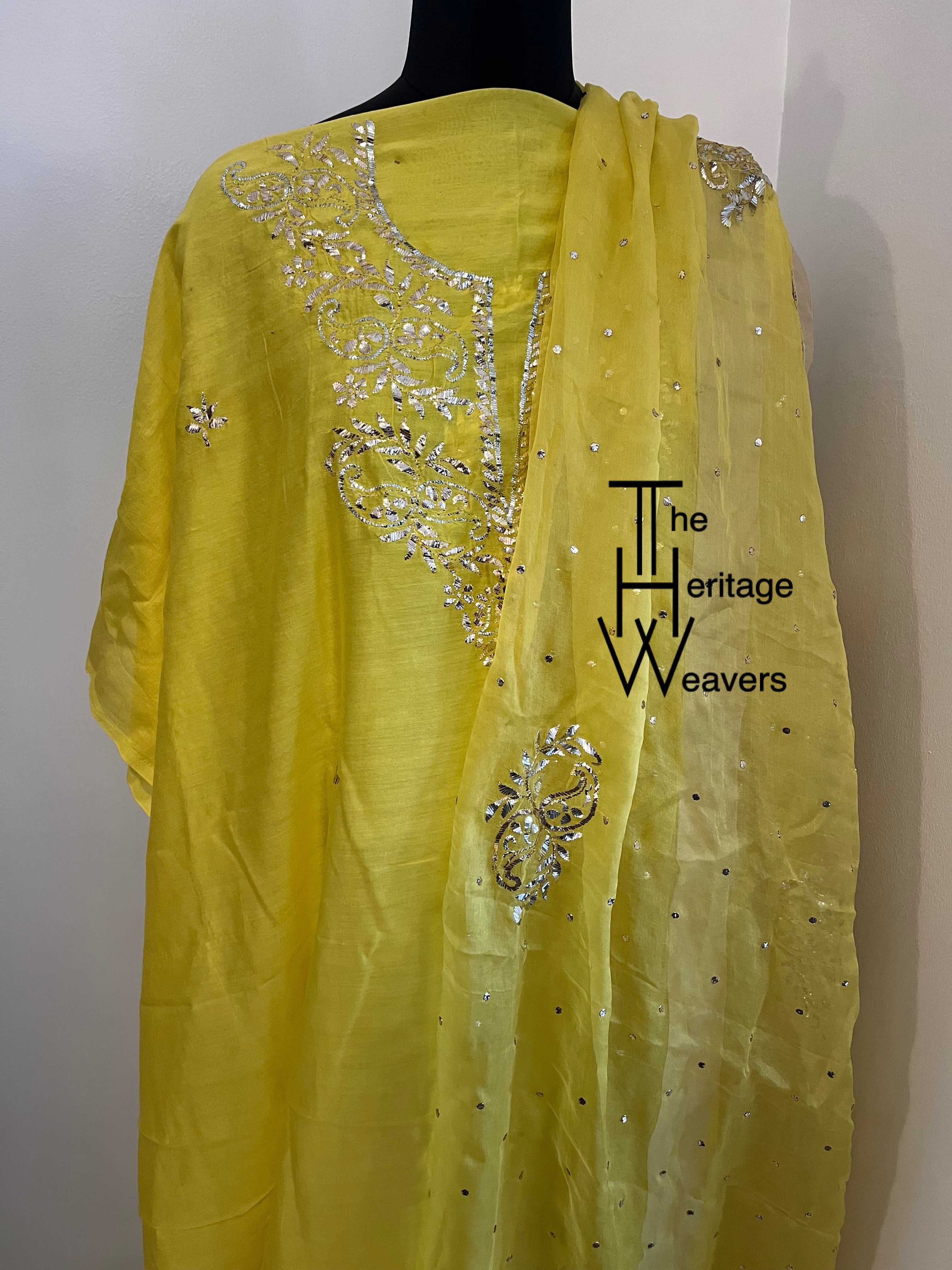 Suit in PURE chanderi and PURE Organza x Mukaish x Yellow