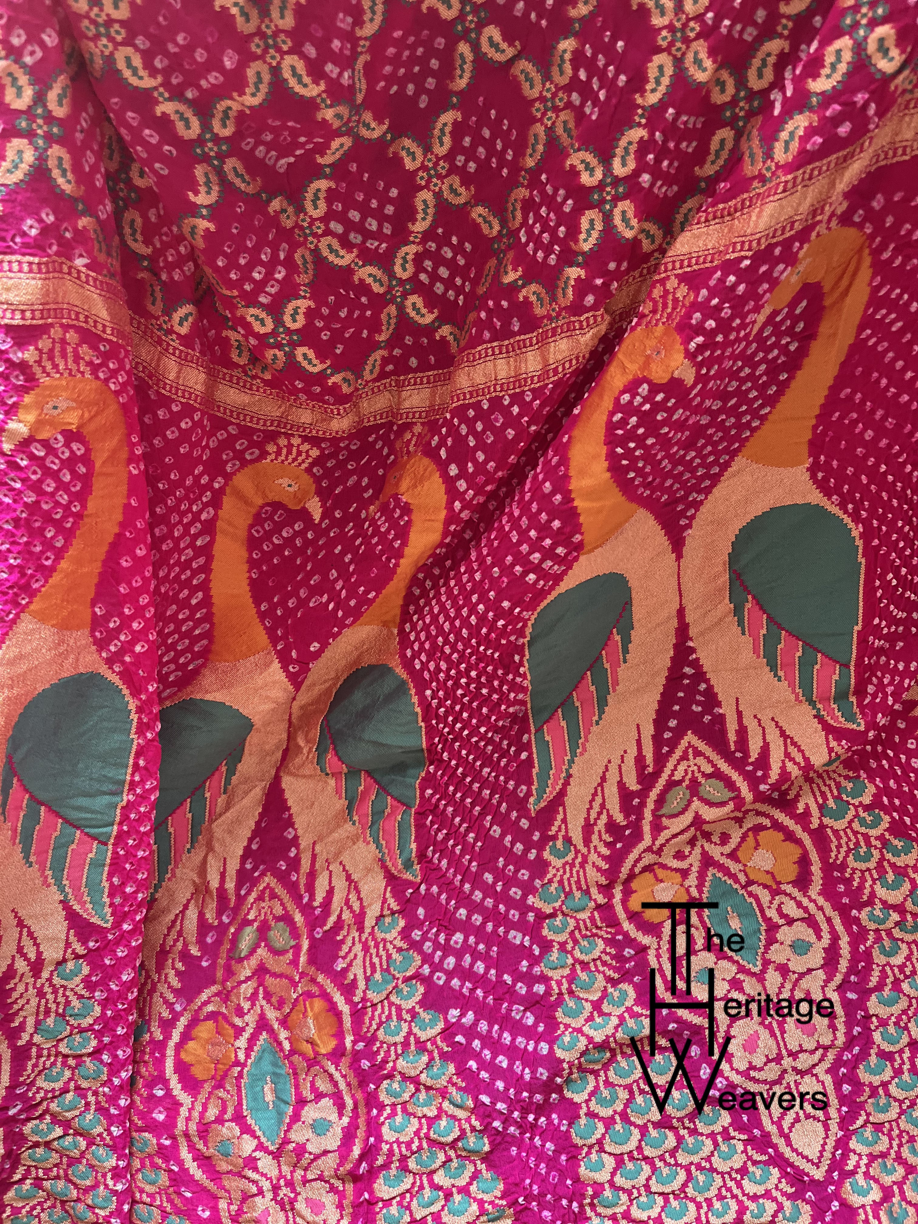 Pure Georgette Dupatta x Rai Bandhej x Animal Motifs on Pallu (Peacock) x Pink