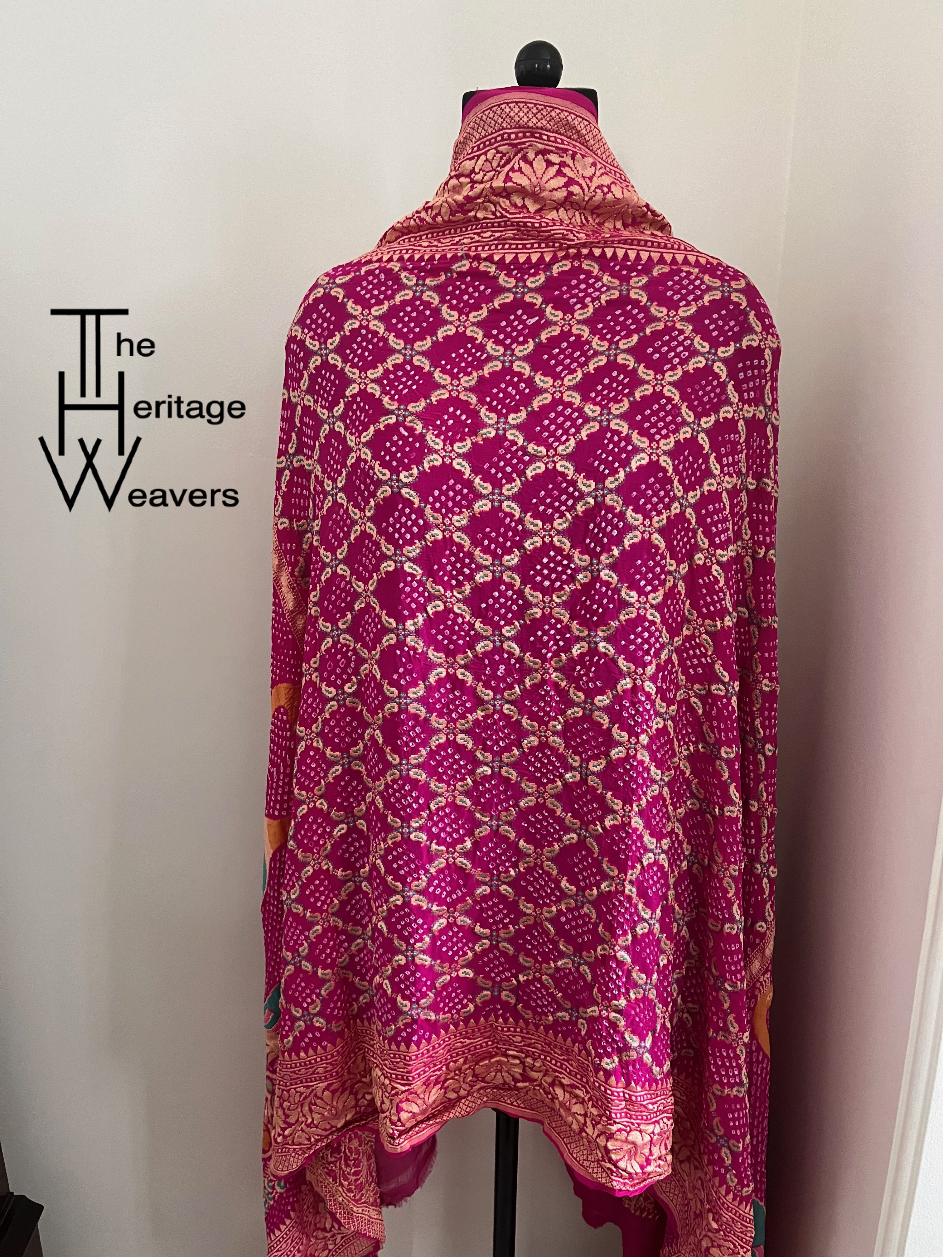 Pure Georgette Dupatta x Rai Bandhej x Animal Motifs on Pallu (Peacock) x Pink