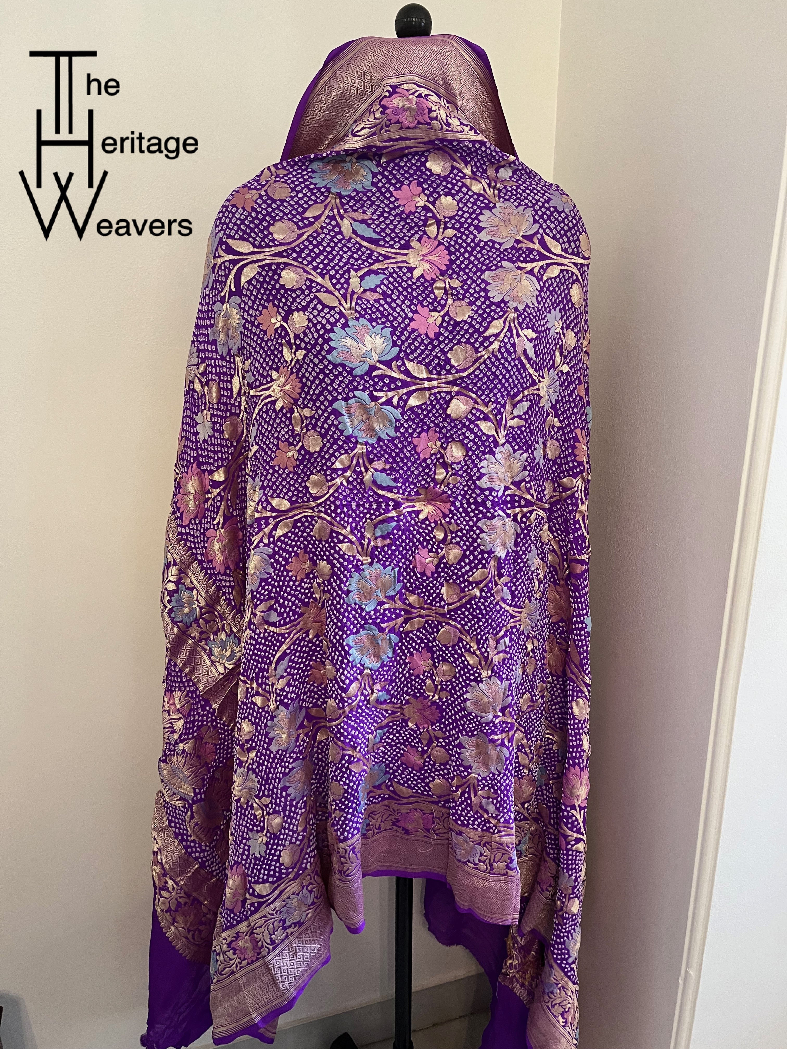 Pure Georgette Dupatta x Minakari x Bandhej x Floral x Shade of Purple