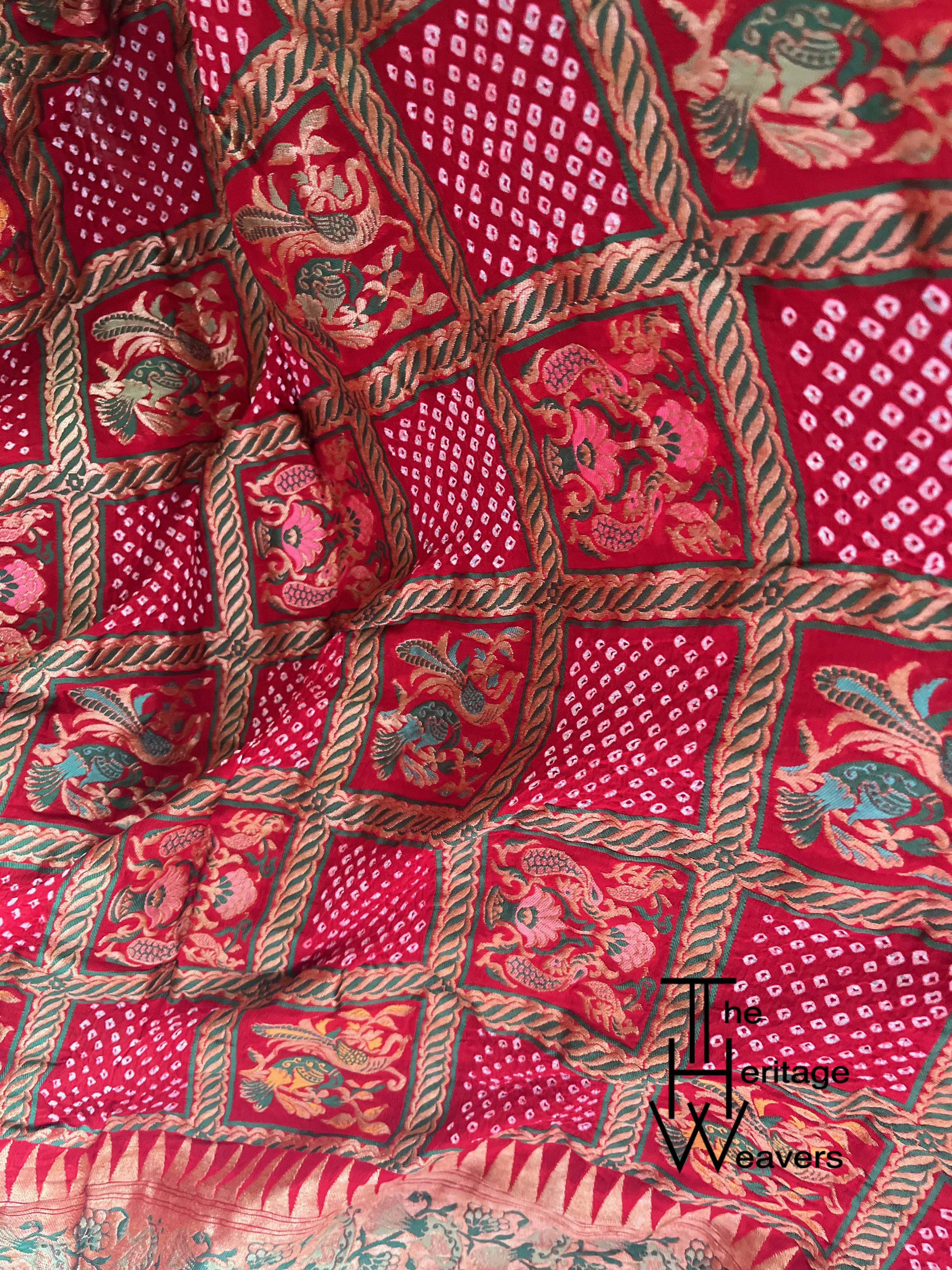 Pure Georgette Dupatta x Rai Bandhej x Patola x Animal Motifs x Shade of Red