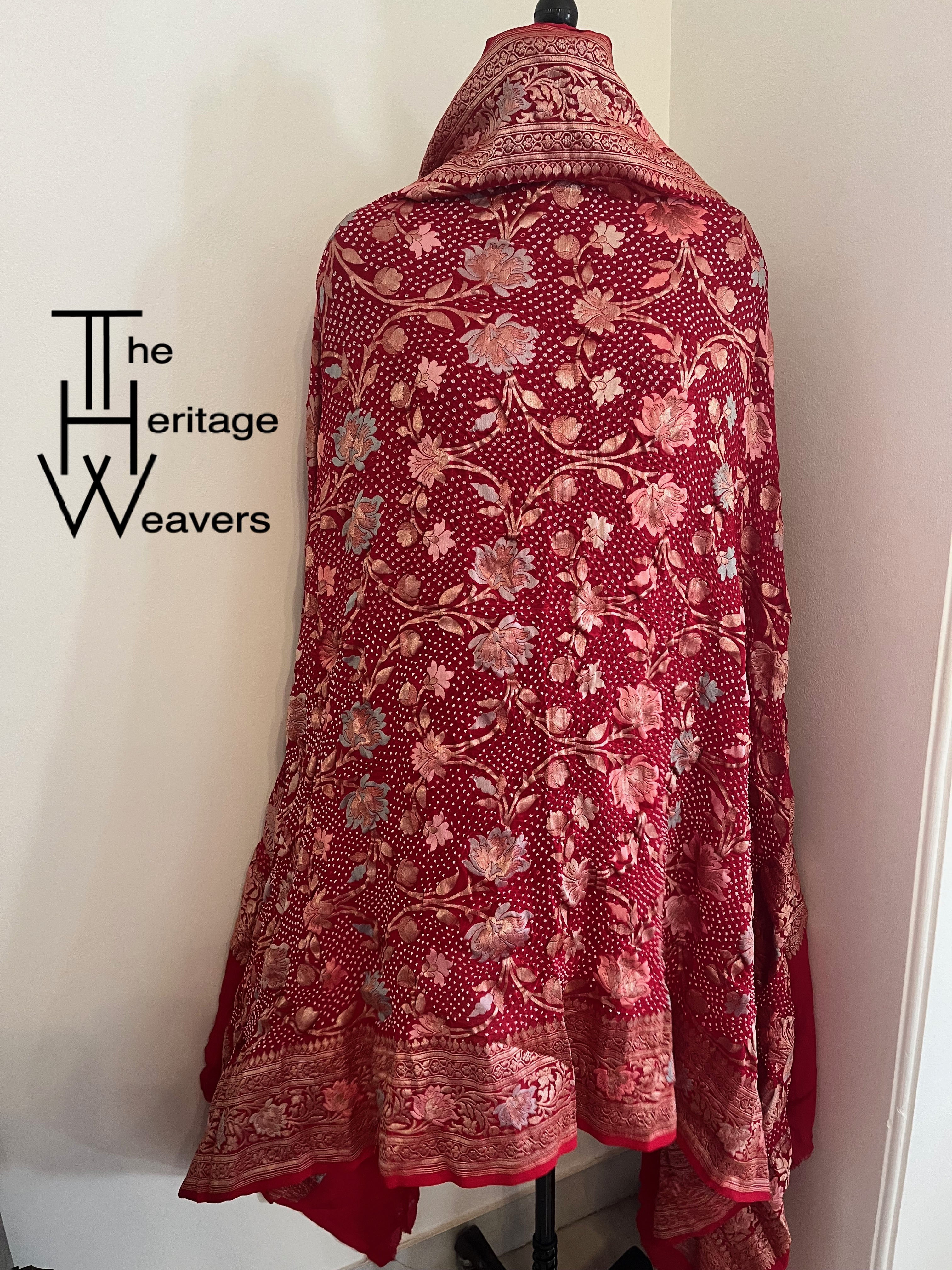 Pure Georgette Dupatta x Minakari x Bandhej x Floral x Shade of Red