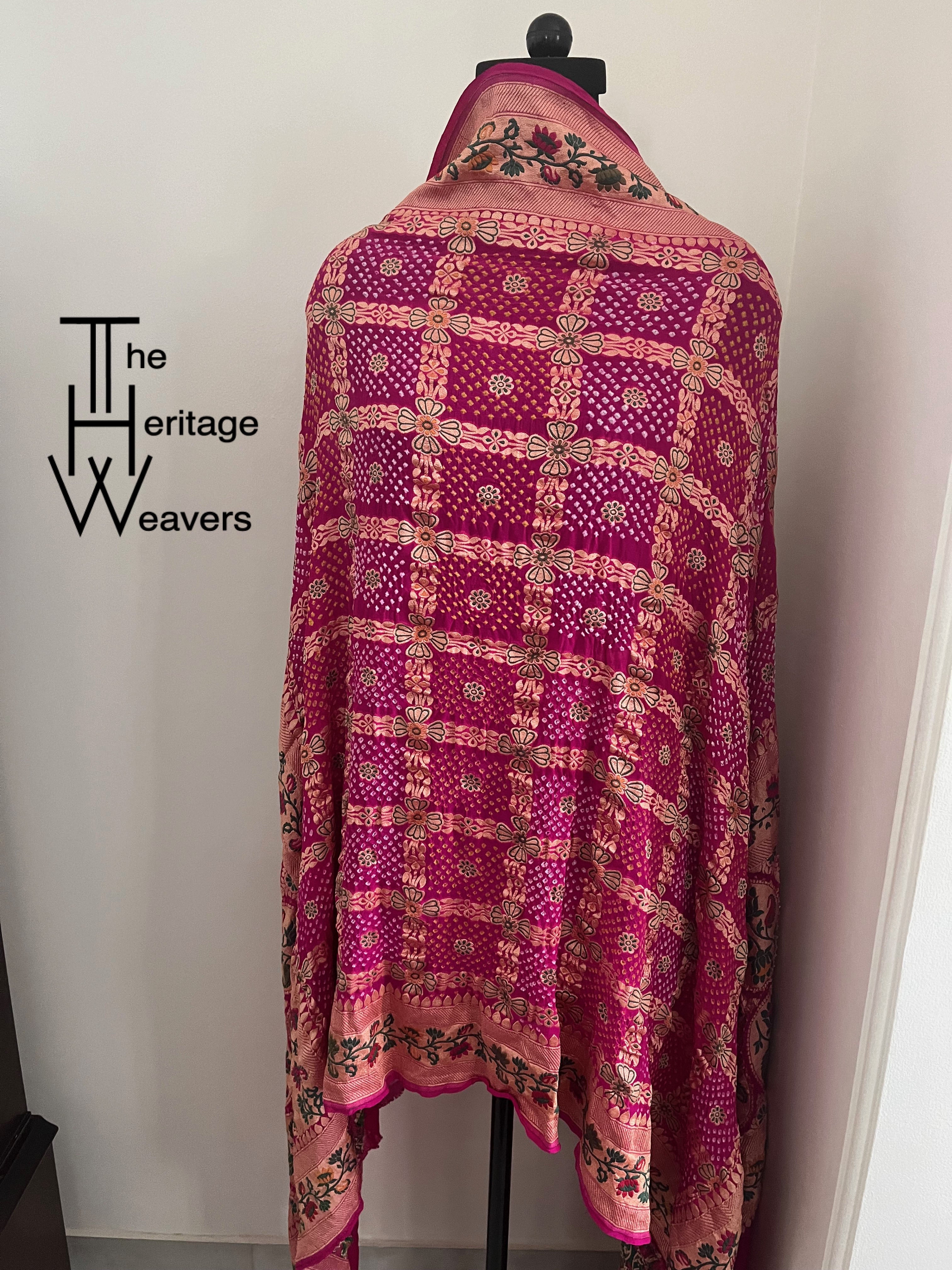 Pure Georgette Dupatta x Rai Bandhej x Paithani Border x Gharchola x Pink