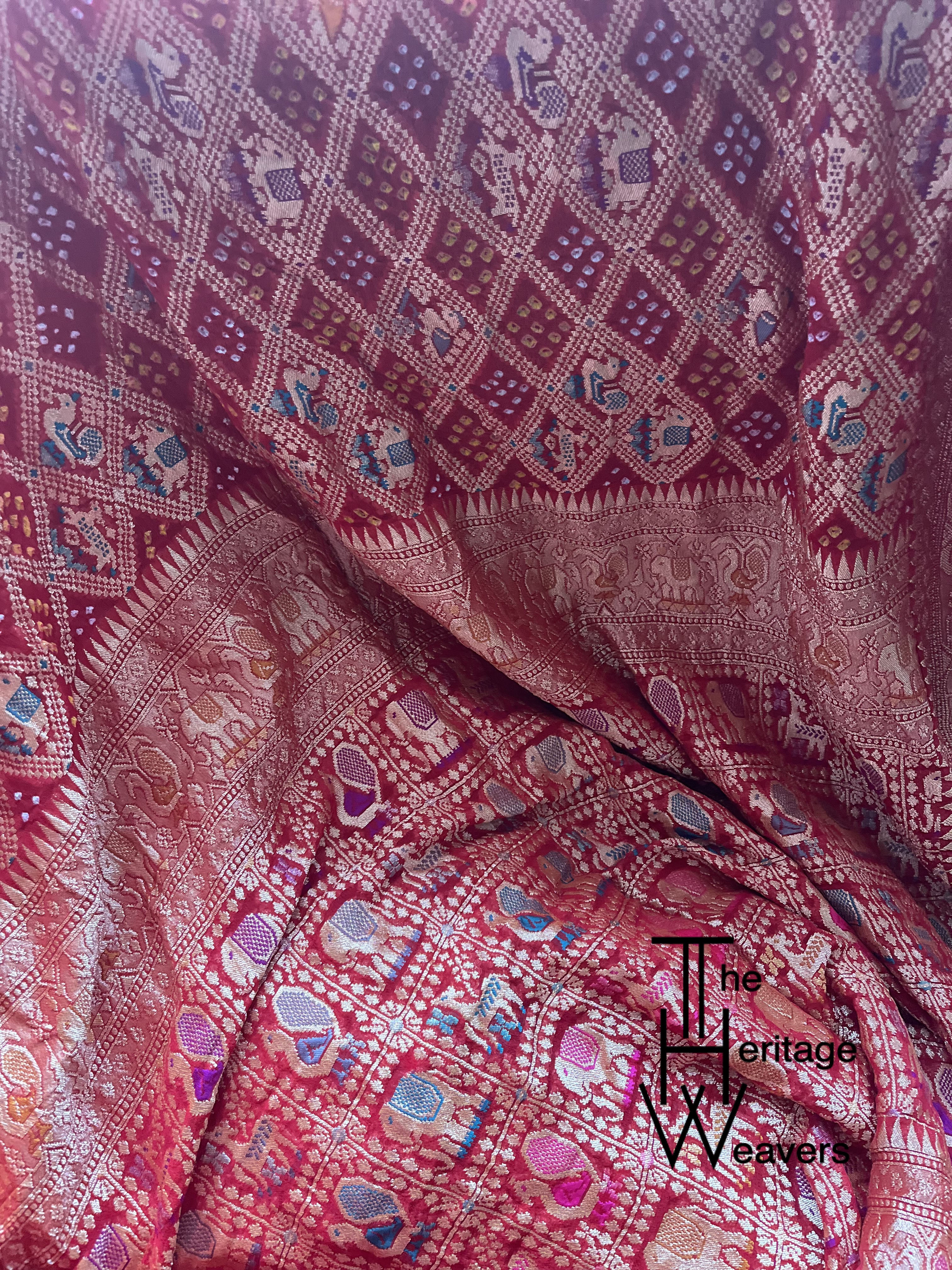 Pure Georgette Saree x Bandhej x Minakari x Animal Motifs x Red