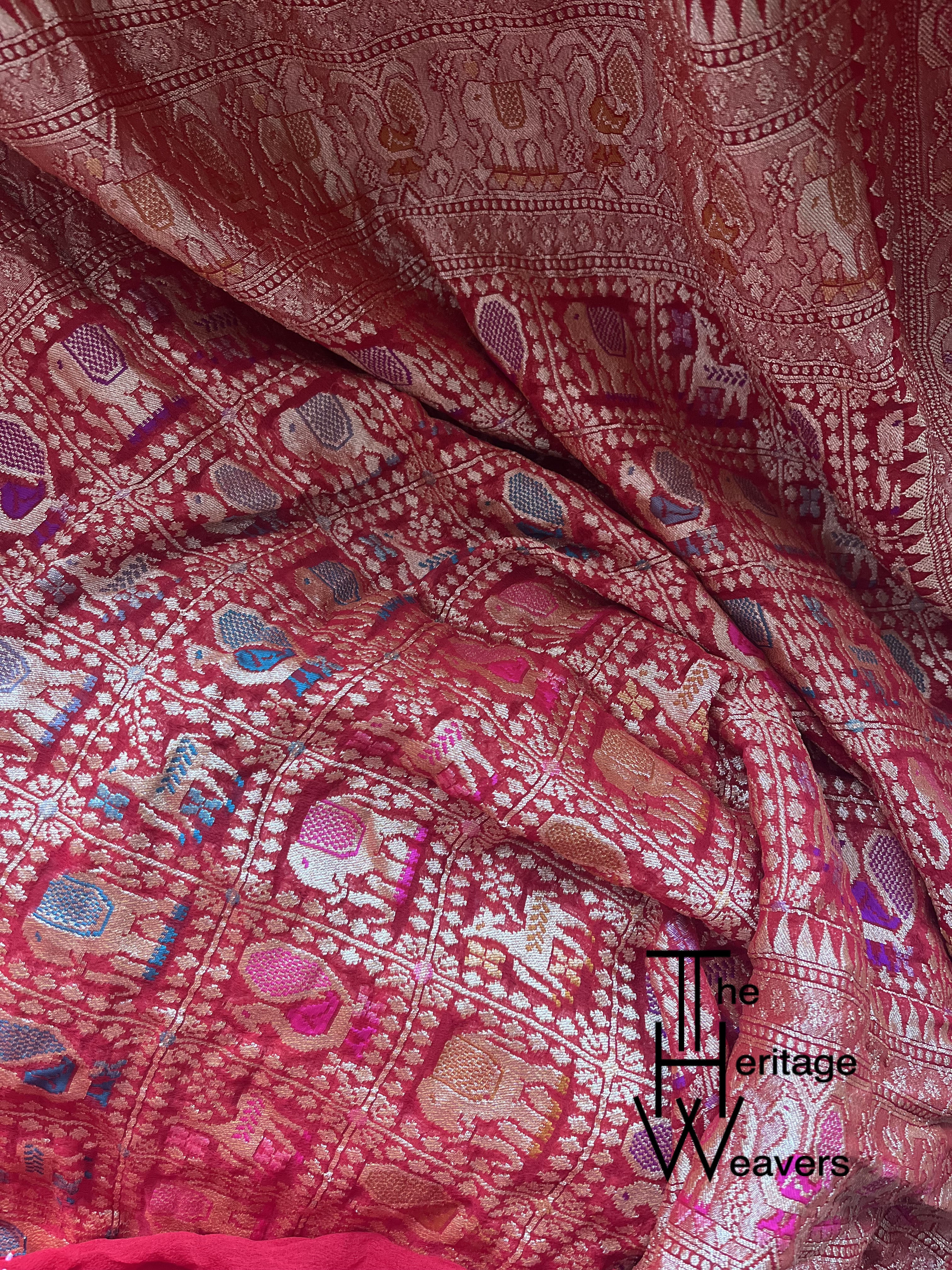 Pure Georgette Saree x Bandhej x Minakari x Animal Motifs x Red