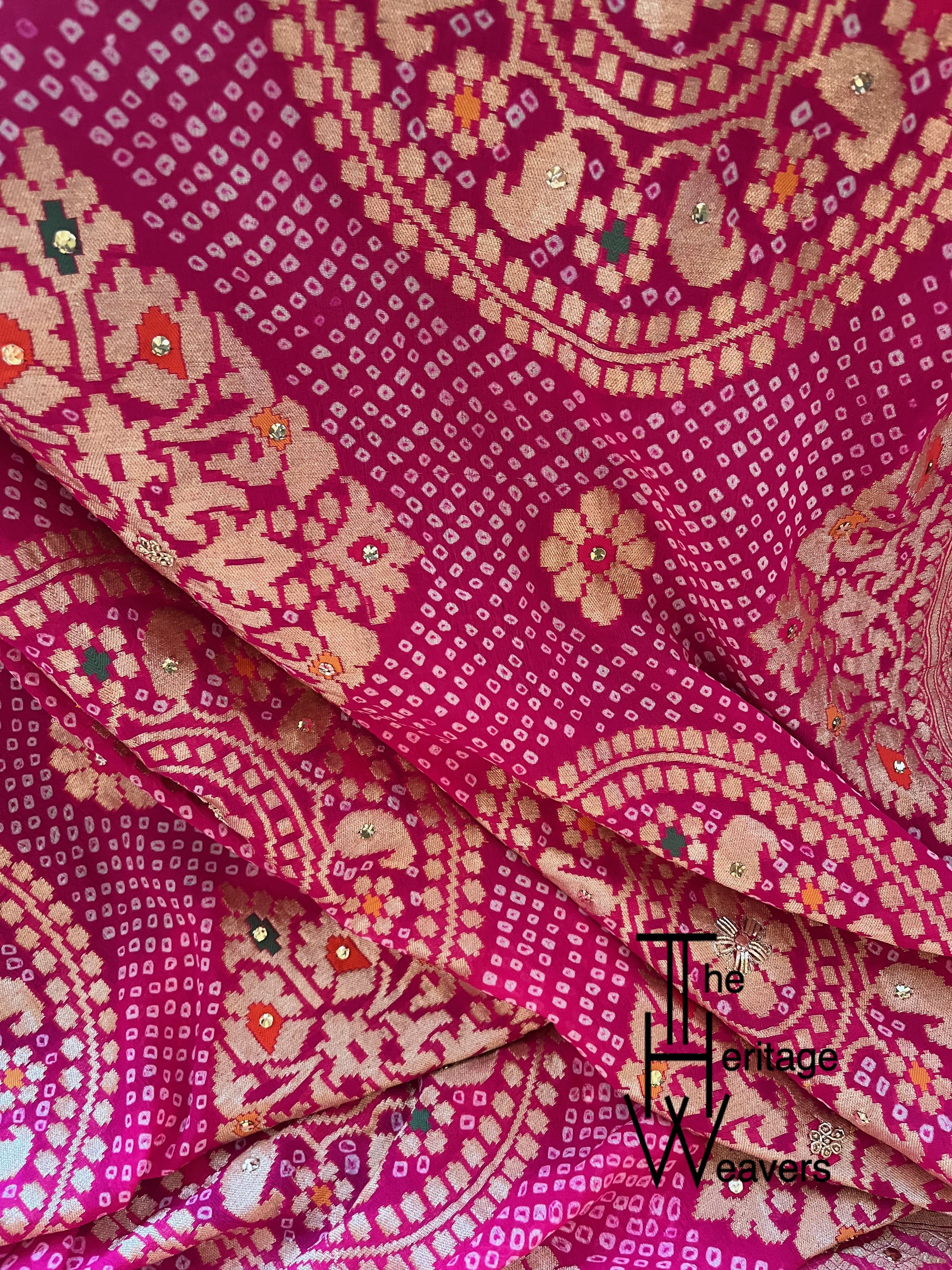 Pure Georgette Dupatta x Bandhej x Embellished with Mukaish and Zardozi x Pink