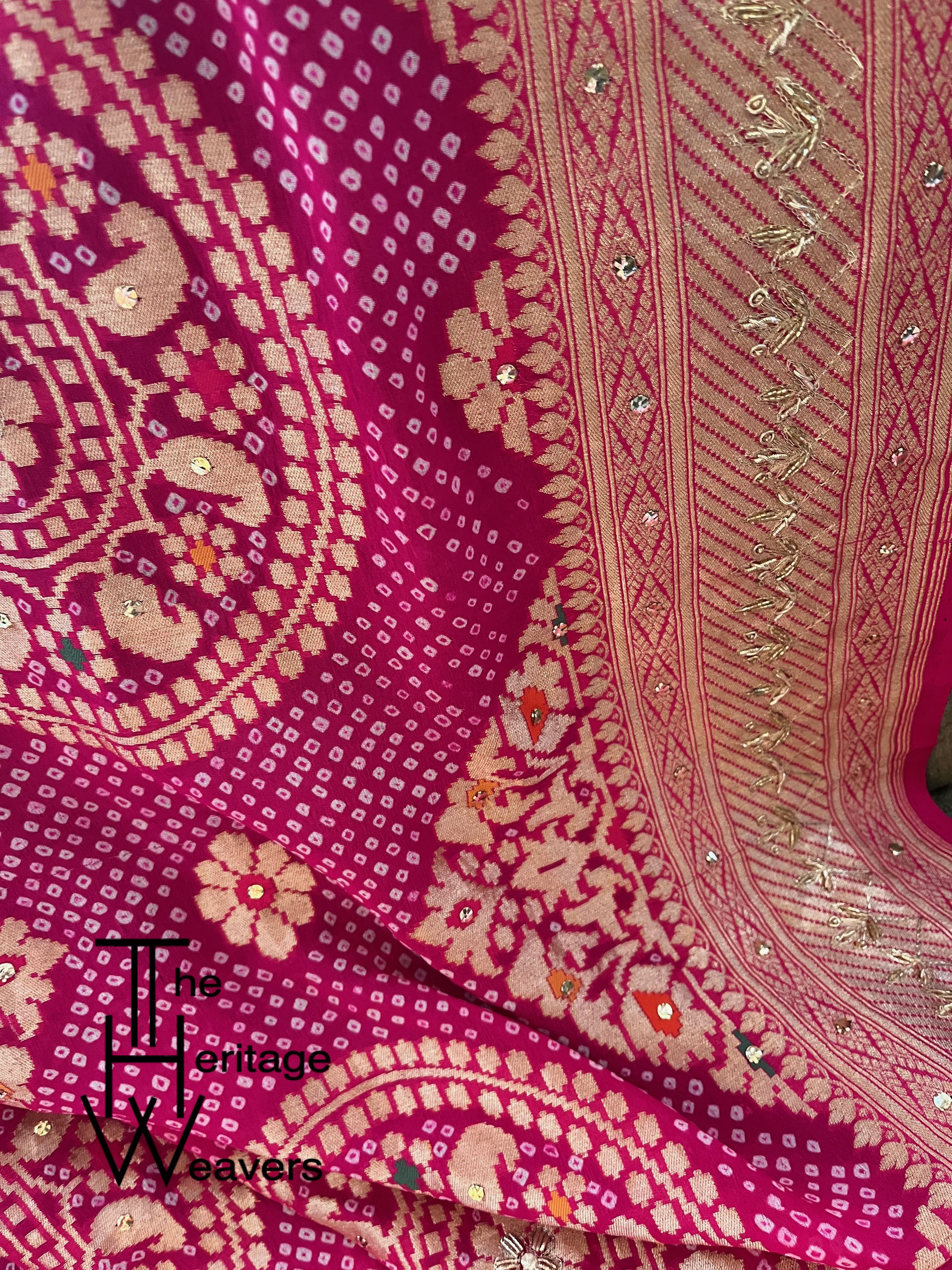 Pure Georgette Dupatta x Bandhej x Embellished with Mukaish and Zardozi x Pink