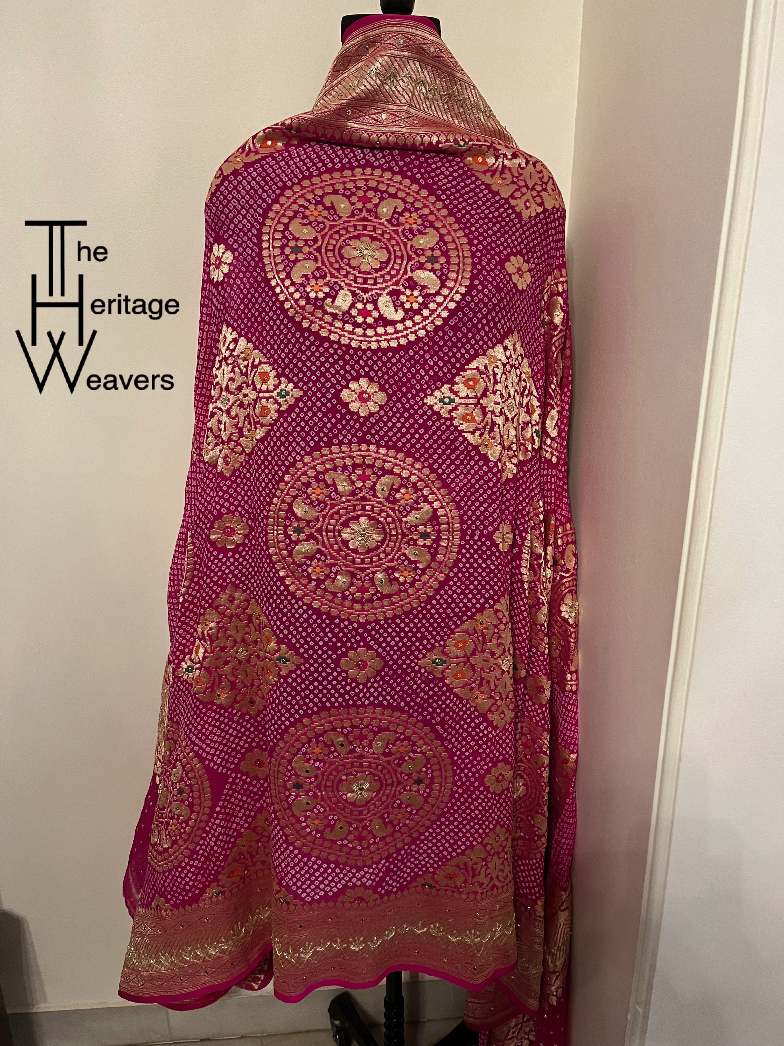 Pure Georgette Dupatta x Bandhej x Embellished with Mukaish and Zardozi x Pink