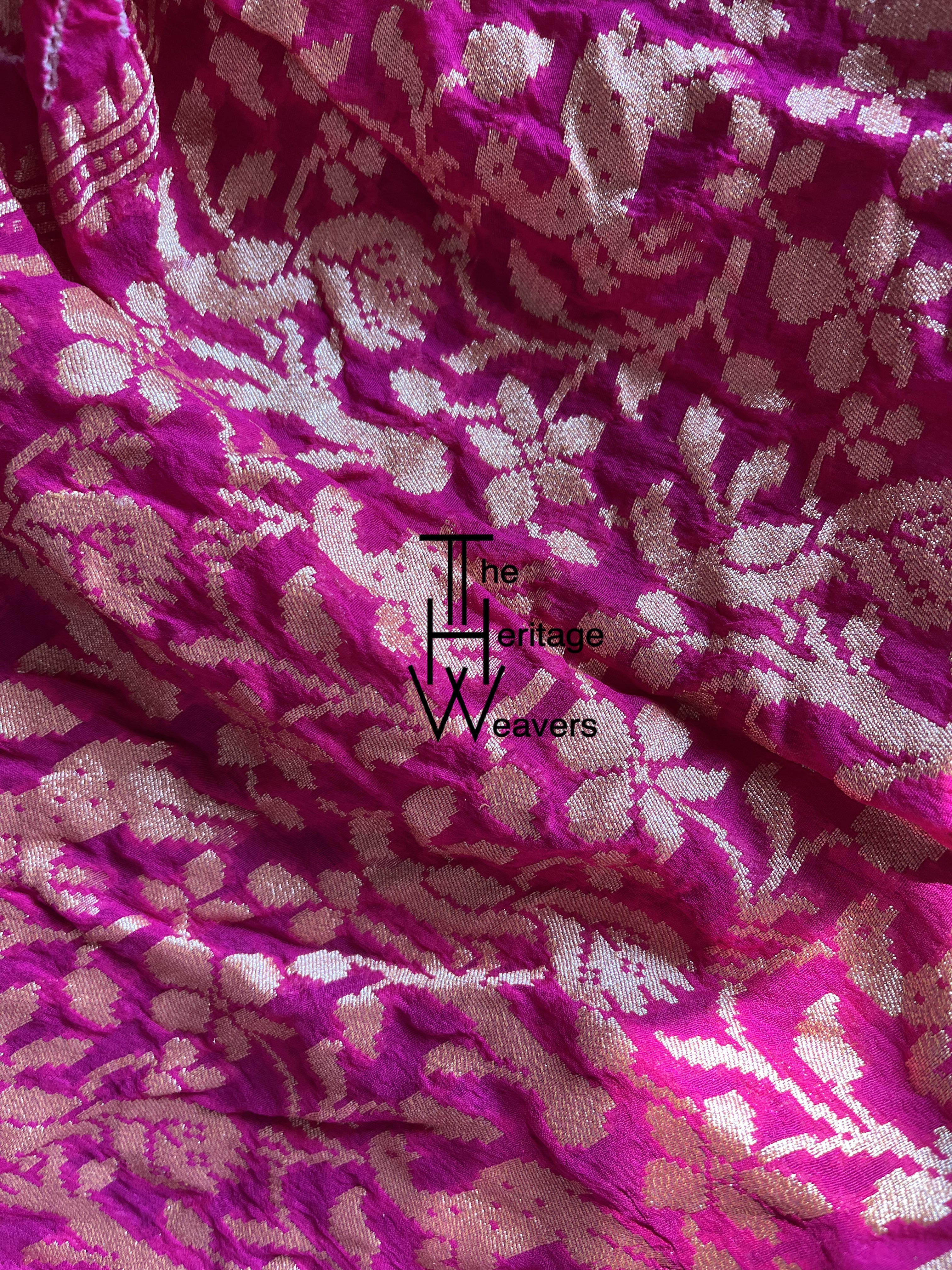 Pure Georgette Saree x Rai Bandhej x Animal Motifs on Border x Pink