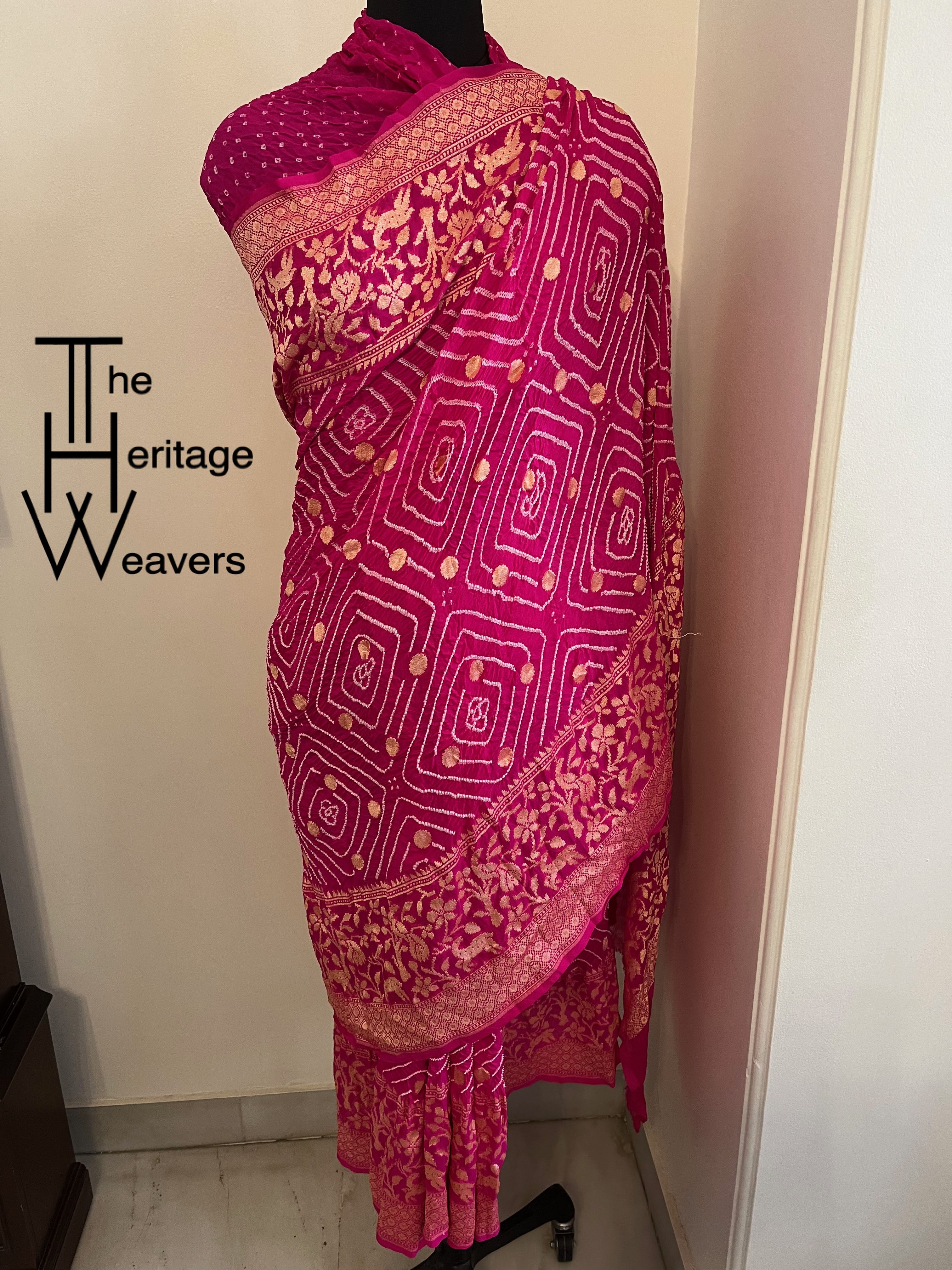 Pure Georgette Saree x Rai Bandhej x Animal Motifs on Border x Pink