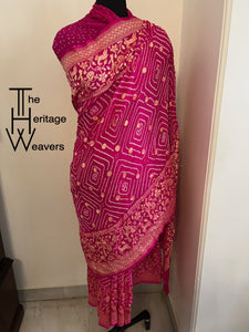 Pure Georgette Saree x Rai Bandhej x Animal Motifs on Border x Pink