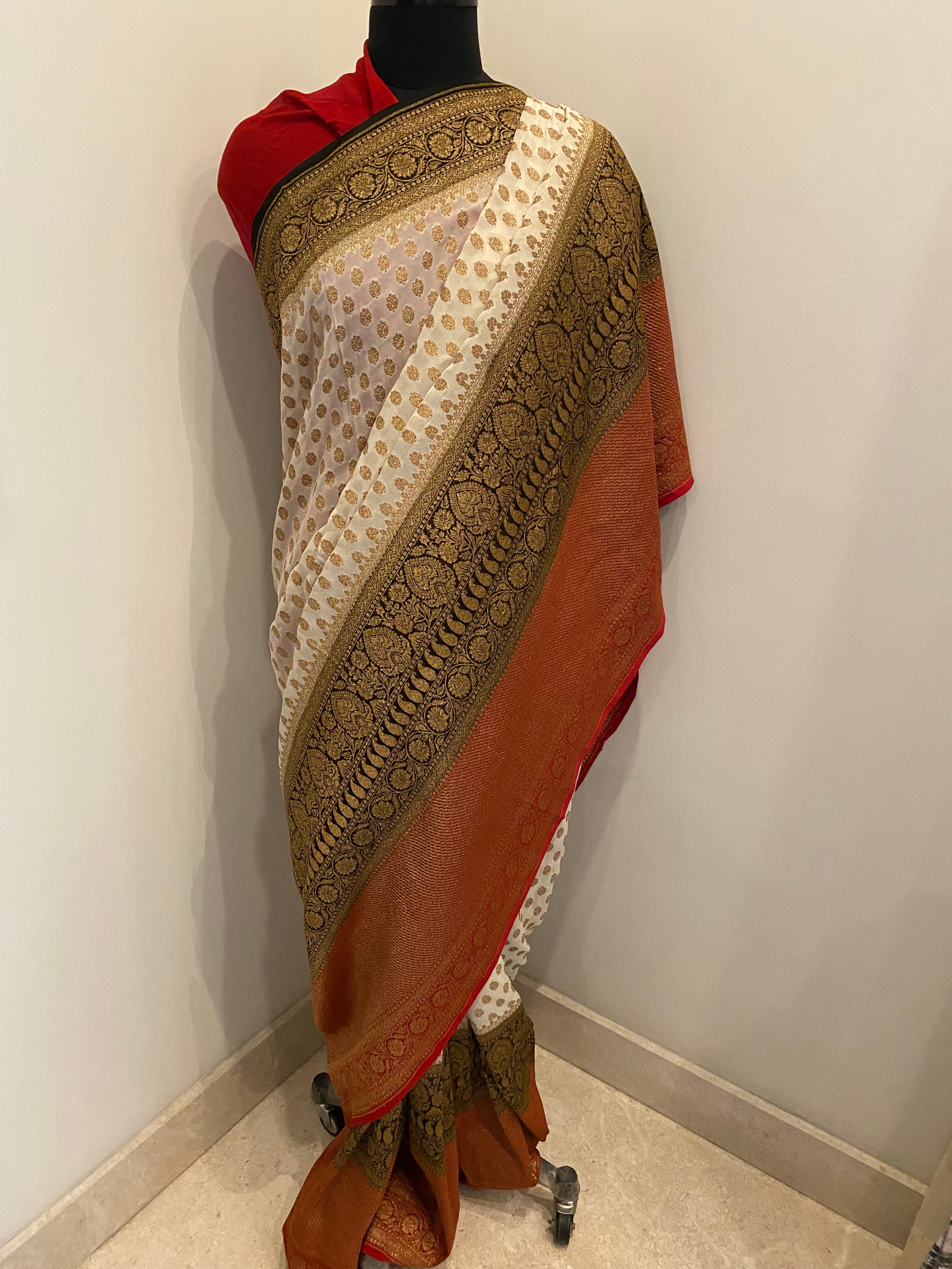 Pure Georgette Saree x Banarasi x Shades of White, Red and Black