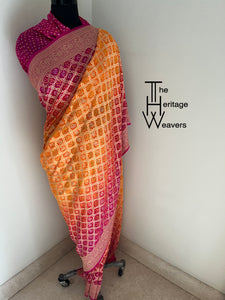 Pure Georgette Saree x Bandhej x Shades of Pink and Yellow