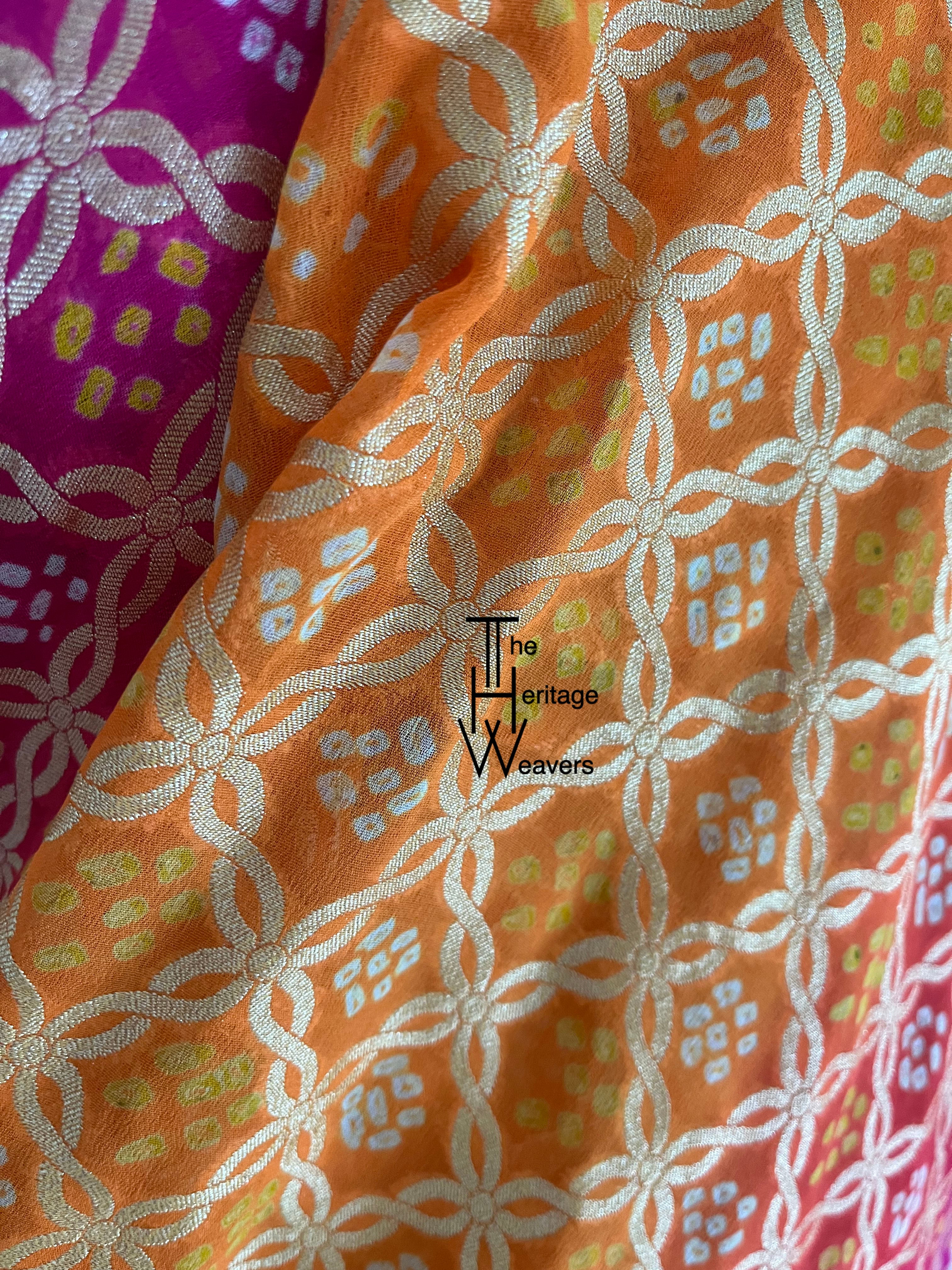 Pure Georgette Saree x Bandhej x Shades of Pink and Yellow